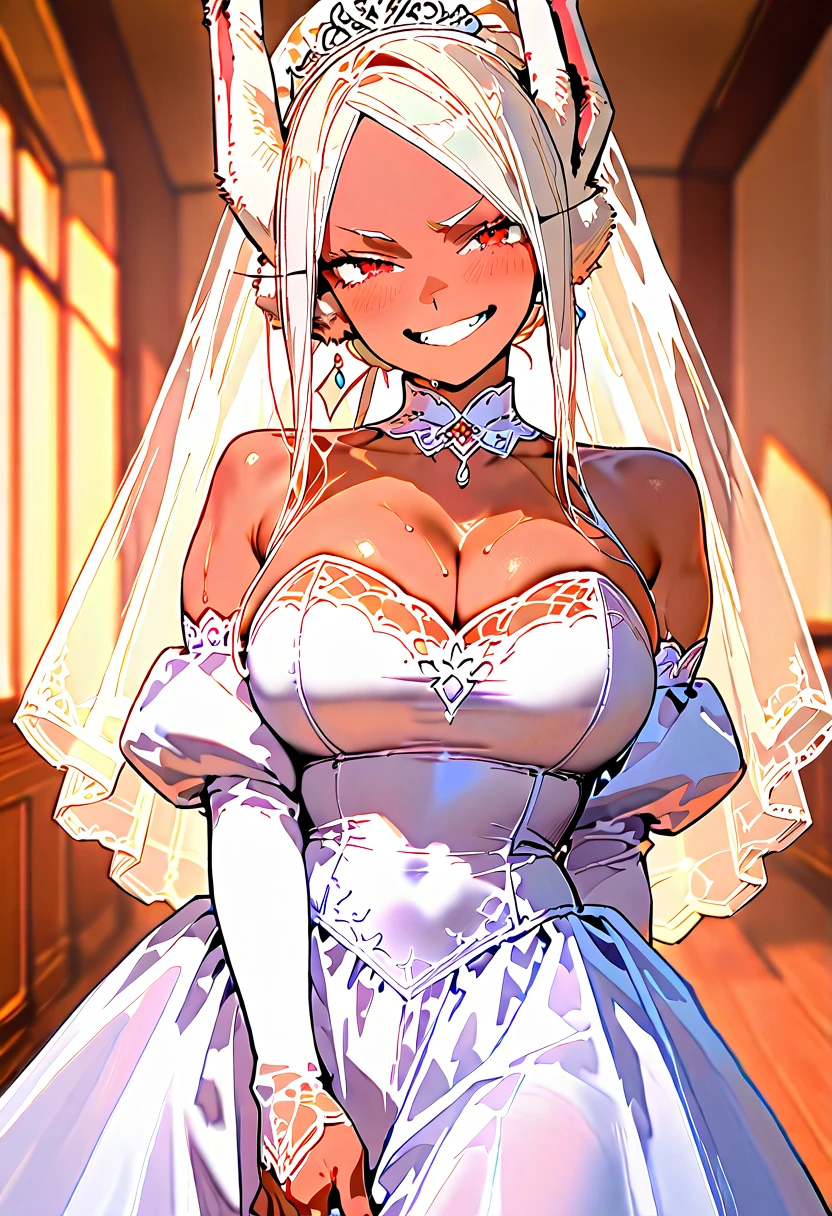 bennett \(genshin impact\), bennett \(morning star of love and hope\) \(genshin impact\), 1girl, green eyes, huge breasts, looking at viewer, blush, smile, 1boy, cleavage, white wedding dress, hetero, dress, sweat, large ?????, bridal veil, tongue, solo focus, official alternate costume, naughty face, ???, huge breasts, pov, center opening, revealing clothes, ??? on body, ??? on breasts, ???????, ??? on face, facial, paizuri, (white choker), breasts squeezed together, white halter dress, collarbone, halterneck, uncensored, speed lines, motion blur, bouncing breasts, skindentation, cathedral at sunny day