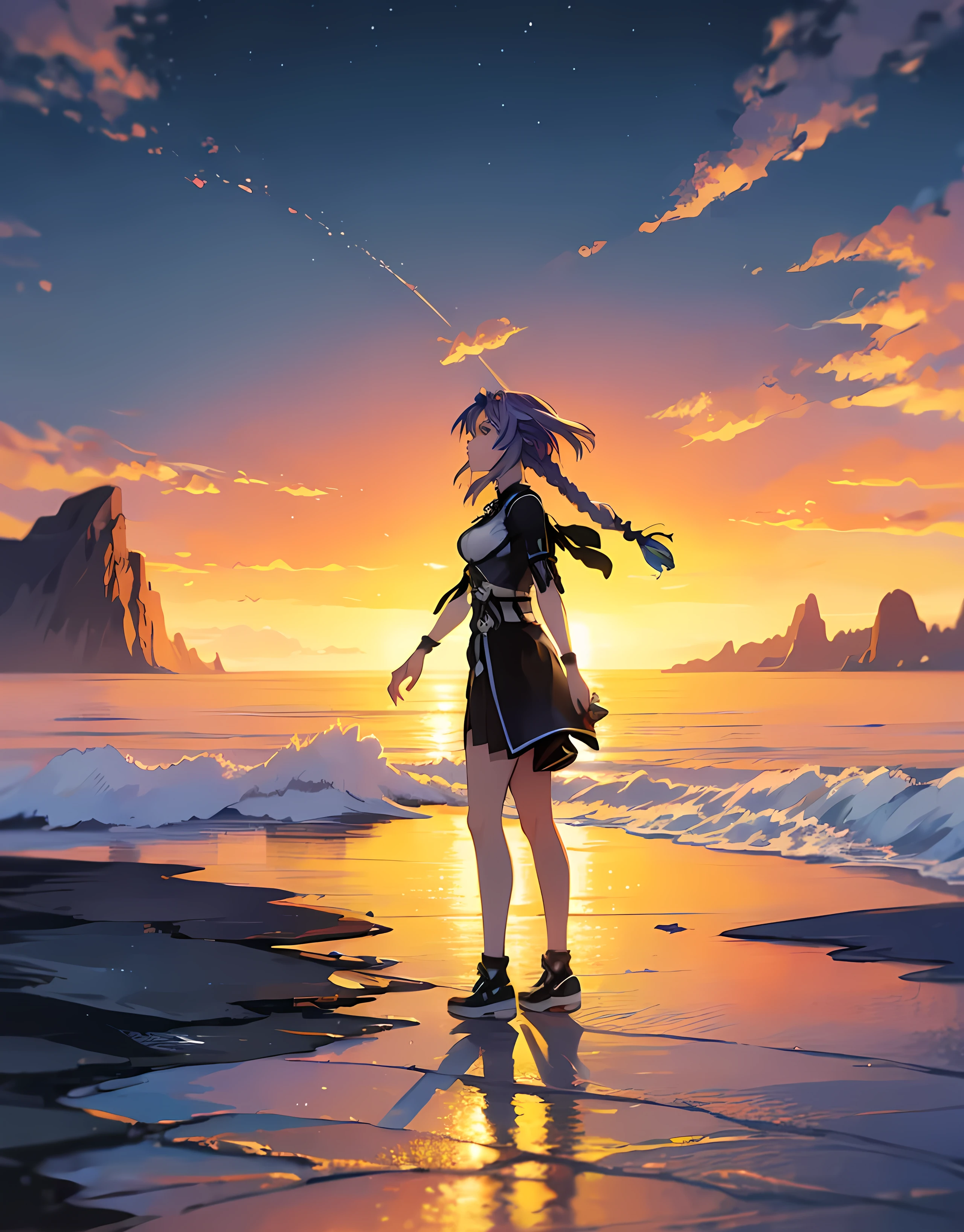 Neptunia dressed as Yuna from Final Fantasy X with long purple pigtails, serious face. Walking by the waterHigh resolution, masterpiece, masterpiece, Precise, Anatomically Correct, the best quality, Premiado muchas veces , Detail, HD model, Details altos, quality, high quality, Retina, Very detailed, Textured leather, UHD, backwards, You can see only an infinite sea, Detailed face, close up