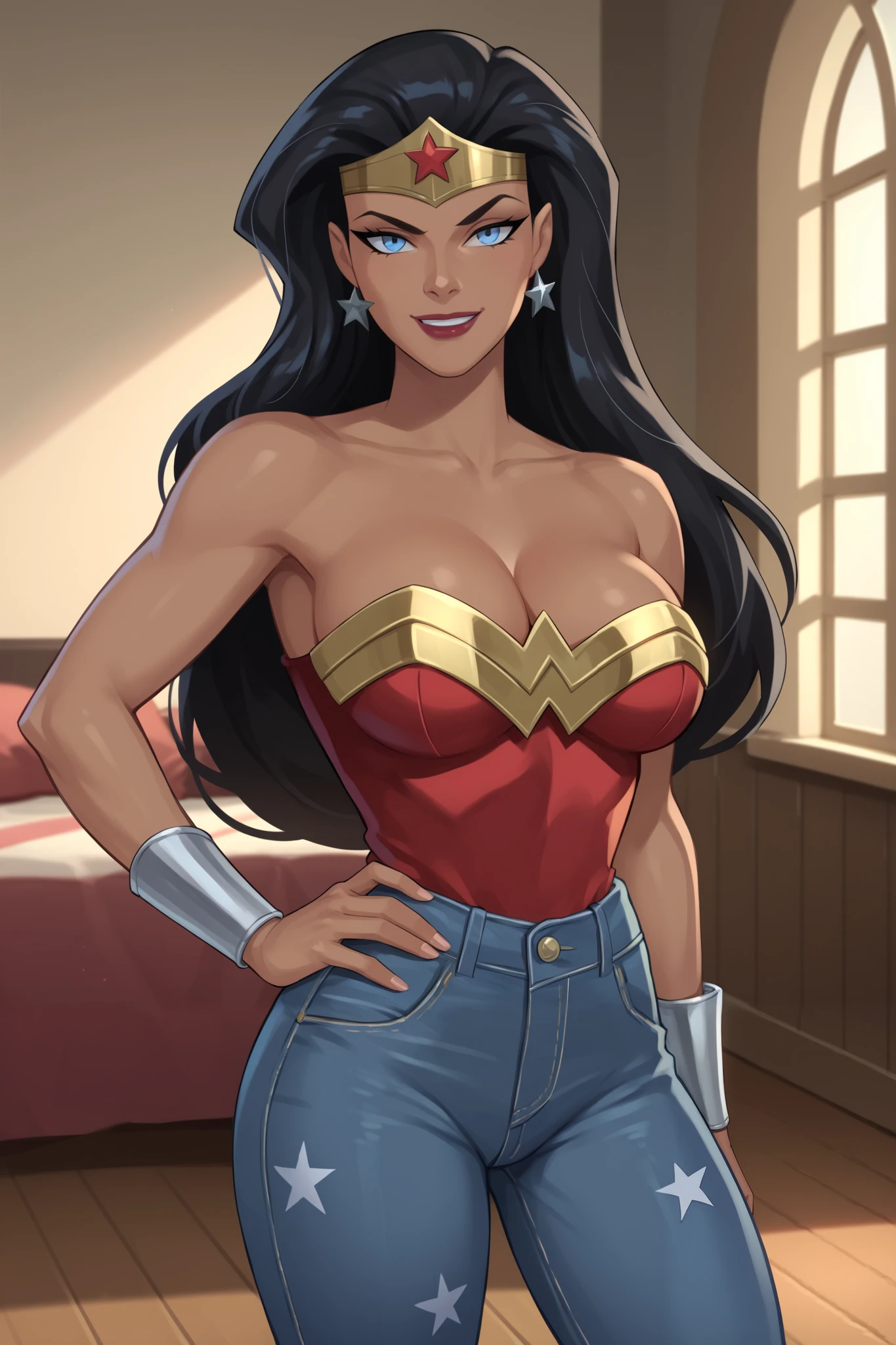 PonyXLV6_Scores BREAK ((parody), perfect anatomy, perfect eyes, cowboy shot), BREAK diana prince, long hair, black hair, blue eyes, lipstick, dark-skinned female, flirting, raised eyebrow, ((looking at viewer)), bare shoulders, cleavage, silver tank top, silver jeans, tiara, jewelry, star earrings, star print, large breasts, curvy, toned, athletic, seductive pose, hands on hip, indoors, smiling