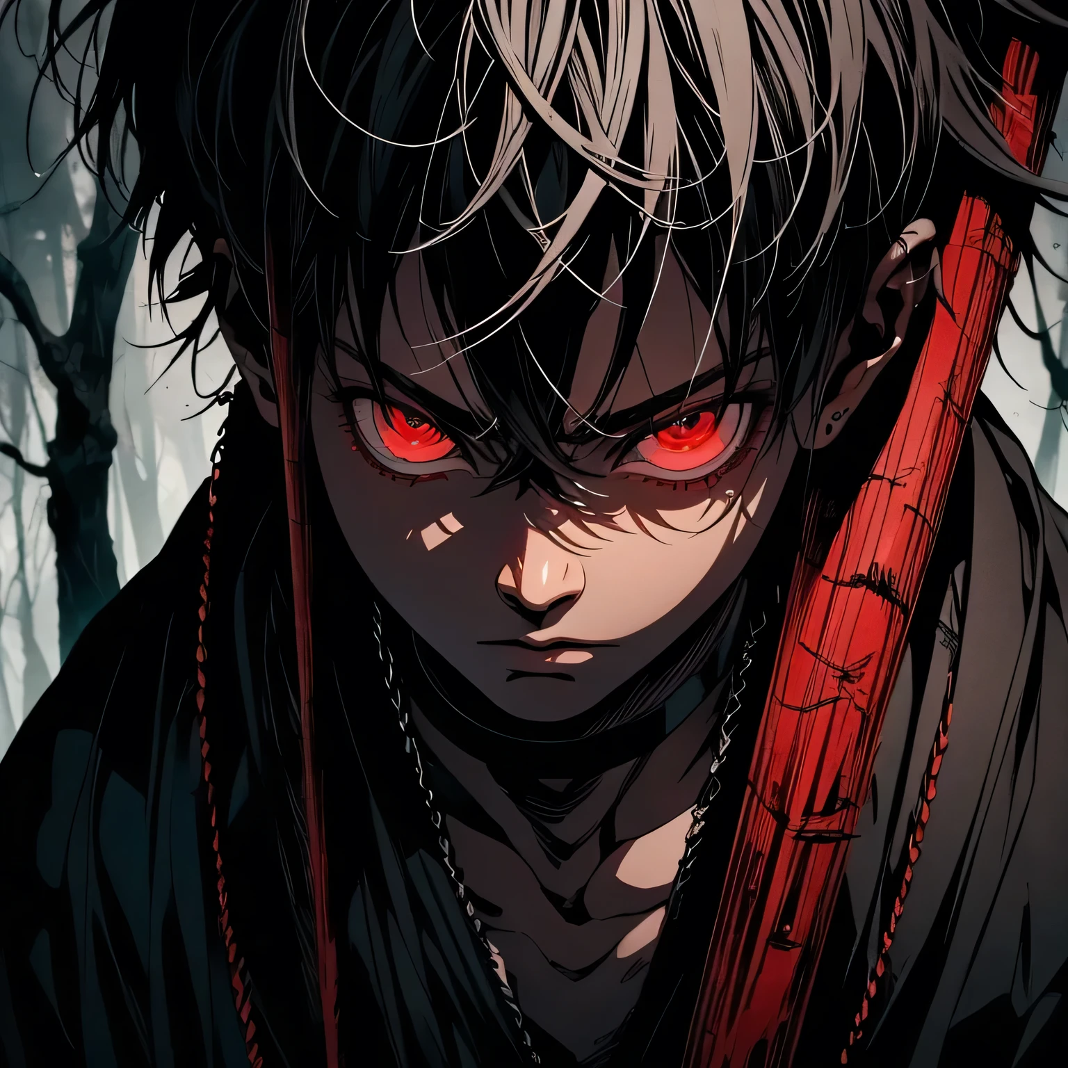 a dark skinned boy, with a red iris, aged six years, short ???, white hair, strong gaze, amidst the forest, vagabond art style, kentaro miura art style, berserk style, holding sword, Close up angle, basic sword fighting stance, pose