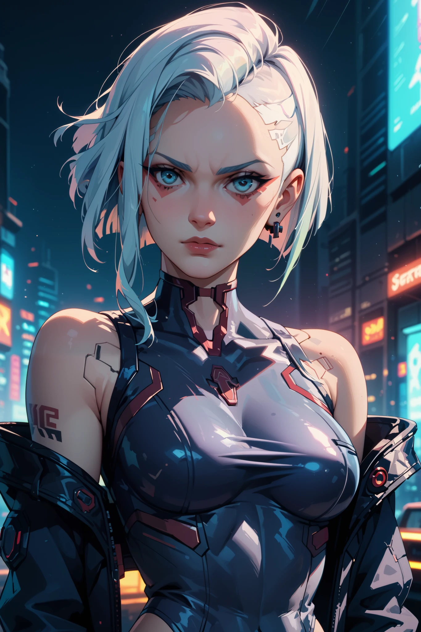 Gothic girl in CyberPunk style, 19 years old, perfect figure, third breast size, on the background of a futuristic place, nice tight-fitting dark blue suit, short white hair, blue eyes, front view, tattooed body, bitchy stare