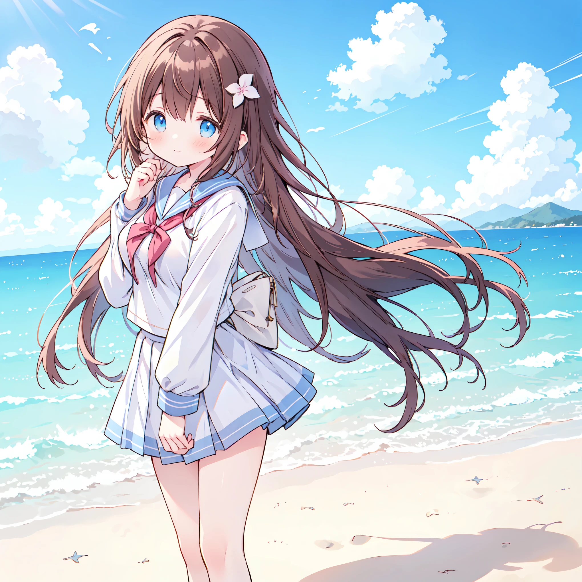 ((( super detailed,  very detailed CG,  Masterpiece,  high quality, 4K,  Hi-Res, sharp concentration, Take a commemorative photo on a sandy beach with the calm and beautiful sea in the background, anime style illustration ,Brown hair))),(Alone:2), cute, Smiling Brightly , light blue eyes,(A girl is standing on the beach:1.4),(Tokyo Jogakkan High School uniform:1.6), Long Sleeve,( slightly bulging breasts:1.2), Clear Skin, Fluttering Skirt , barefoot,((long hair)), beautiful hair in front of a man,Gentle Breeze, White Clouds ,blue sky, watching viewers, shy,