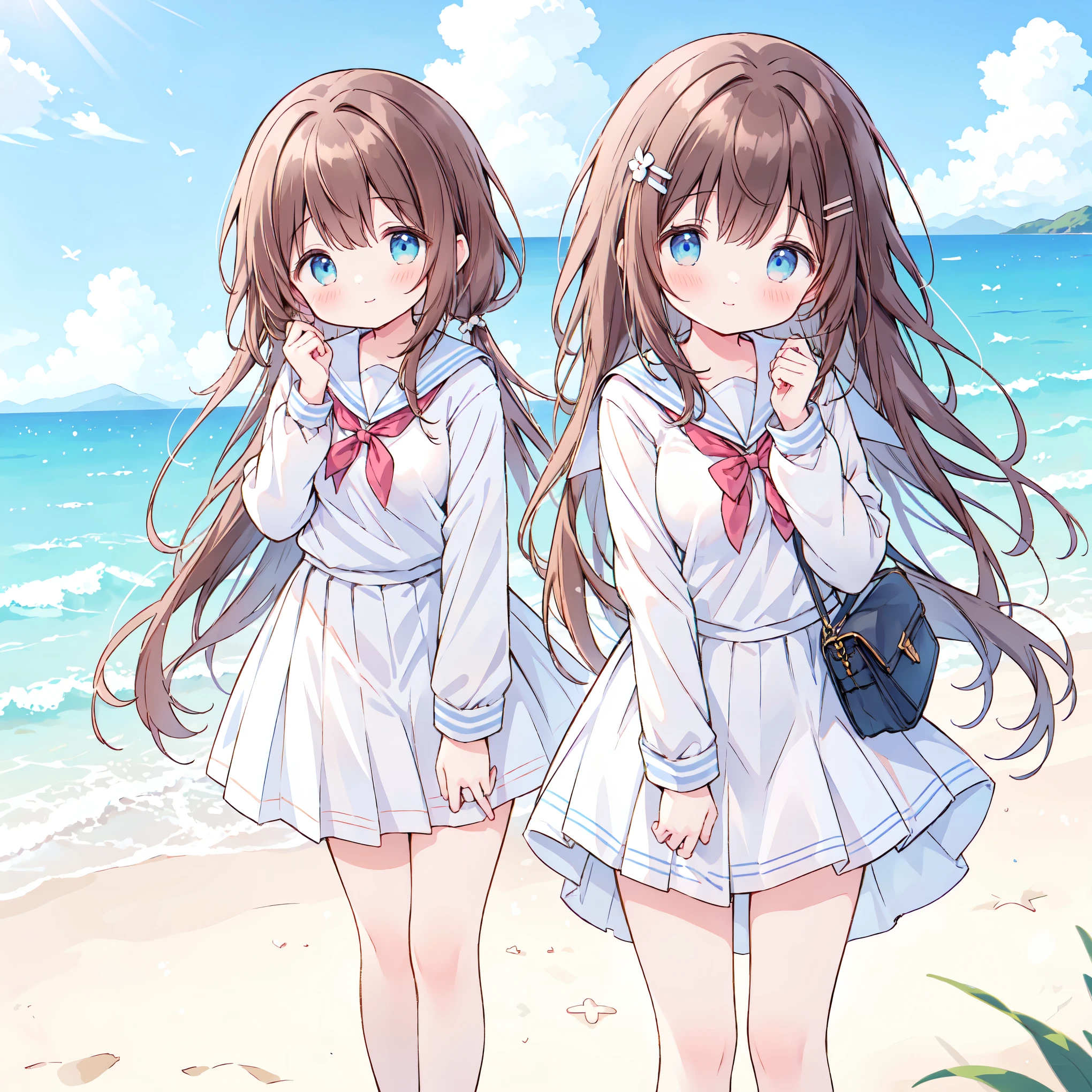 ((( super detailed,  very detailed CG,  Masterpiece,  high quality, 4K,  Hi-Res, sharp concentration, Take a commemorative photo on a sandy beach with the calm and beautiful sea in the background, anime style illustration ,Brown hair))),(Alone:2), cute, Smiling Brightly , light blue eyes,(A girl is standing on the beach:1.4),(Tokyo Jogakkan High School uniform:1.6), Long Sleeve,( slightly bulging breasts:1.2), Clear Skin, Fluttering Skirt , barefoot,((long hair)), beautiful hair in front of a man,Gentle Breeze, White Clouds ,blue sky, watching viewers, shy,