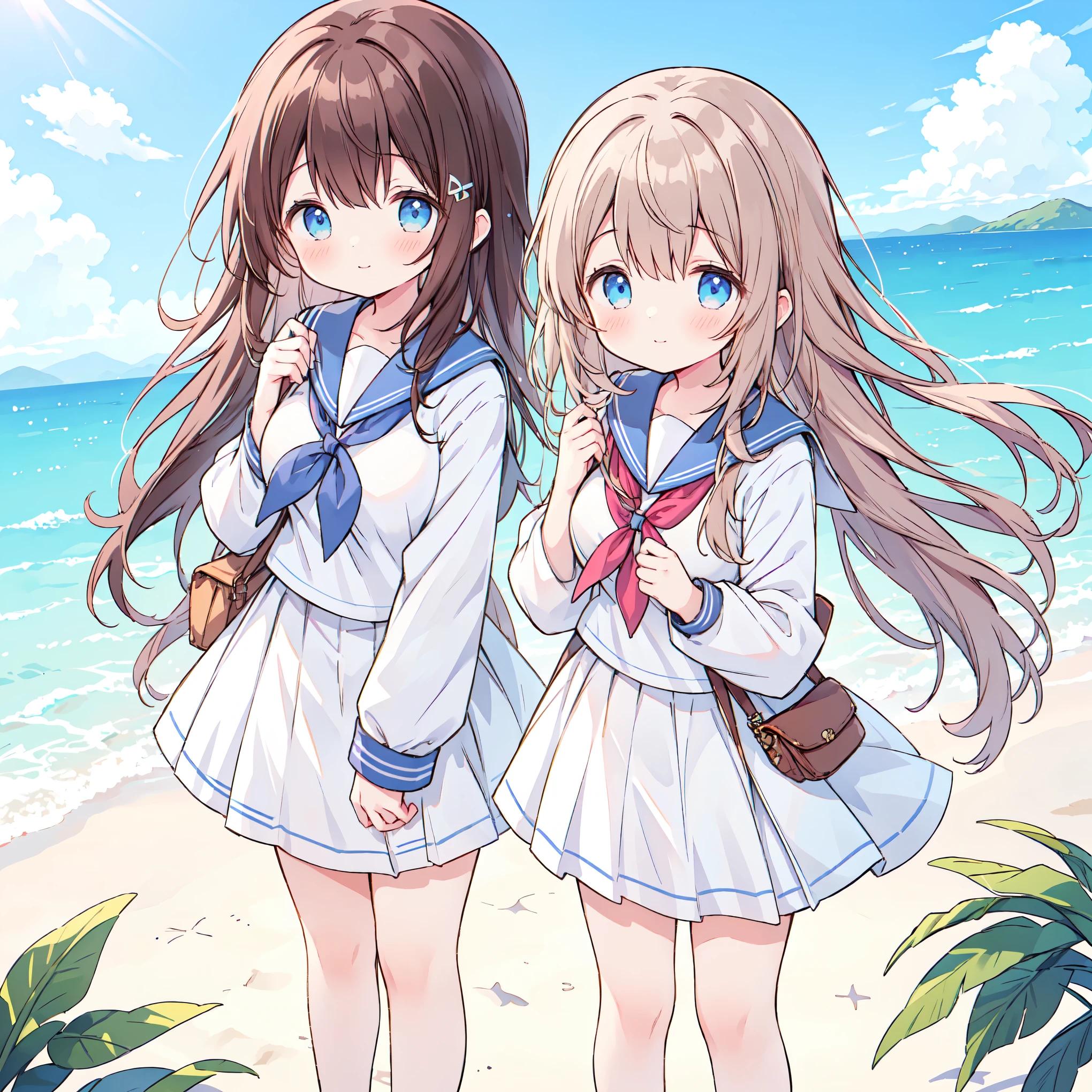 ((( super detailed,  very detailed CG,  Masterpiece,  high quality, 4K,  Hi-Res, sharp concentration, Take a commemorative photo on a sandy beach with the calm and beautiful sea in the background, anime style illustration ,Brown hair))),(Alone:2), cute, Smiling Brightly , light blue eyes,(A girl is standing on the beach:1.4),(Tokyo Jogakkan High School uniform:1.6), Long Sleeve,( slightly bulging breasts:1.2), Clear Skin, Fluttering Skirt , barefoot,((long hair)), beautiful hair in front of a man,Gentle Breeze, White Clouds ,blue sky, watching viewers, shy,