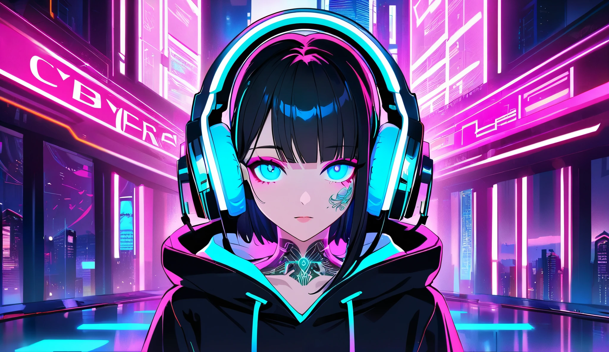 "A cyberpunk anime-style girl with long black hair and futuristic headphones, glowing neon blue and pink lights reflecting on her face. Her eyes have intricate, mechanical floral designs, and she wears a stylish hoodie with cybernetic tattoos on her neck. The background features a high-tech cityscape with a mix of digital and organic elements, bathed in soft neon hues. The atmosphere is futuristic, vibrant, and slightly surreal, with a dreamy, sci-fi aesthetic."