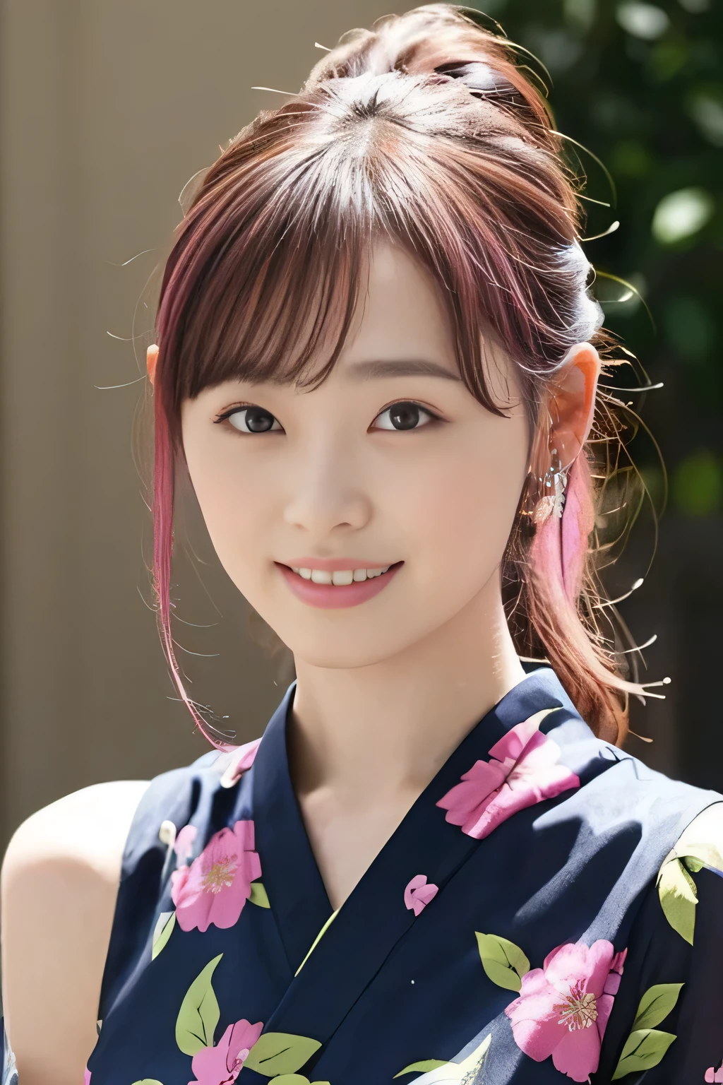 top quality、 Masterpiece、 very detailed that 、4K, ultra high resolution、(Sharp focus)、woman、Age 19、One person、( surreal)、 cute face、 small face、nsfw,Kimono Pose、 bare shoulders、 Tiny Breasts 、beautiful nipples、 super beauty、 Japanese idol、 detailed face、smile、fine grain、 open your eyes wide with a funny face、 detailed eyes、 beautiful skin、 medium straight hair、( pink hair with crotch)、 asymmetrical bangs、( ponytail)、 soft light 、 Dramatic Lighting、 standing、whole body、 attractive pose that will make your neck droop、