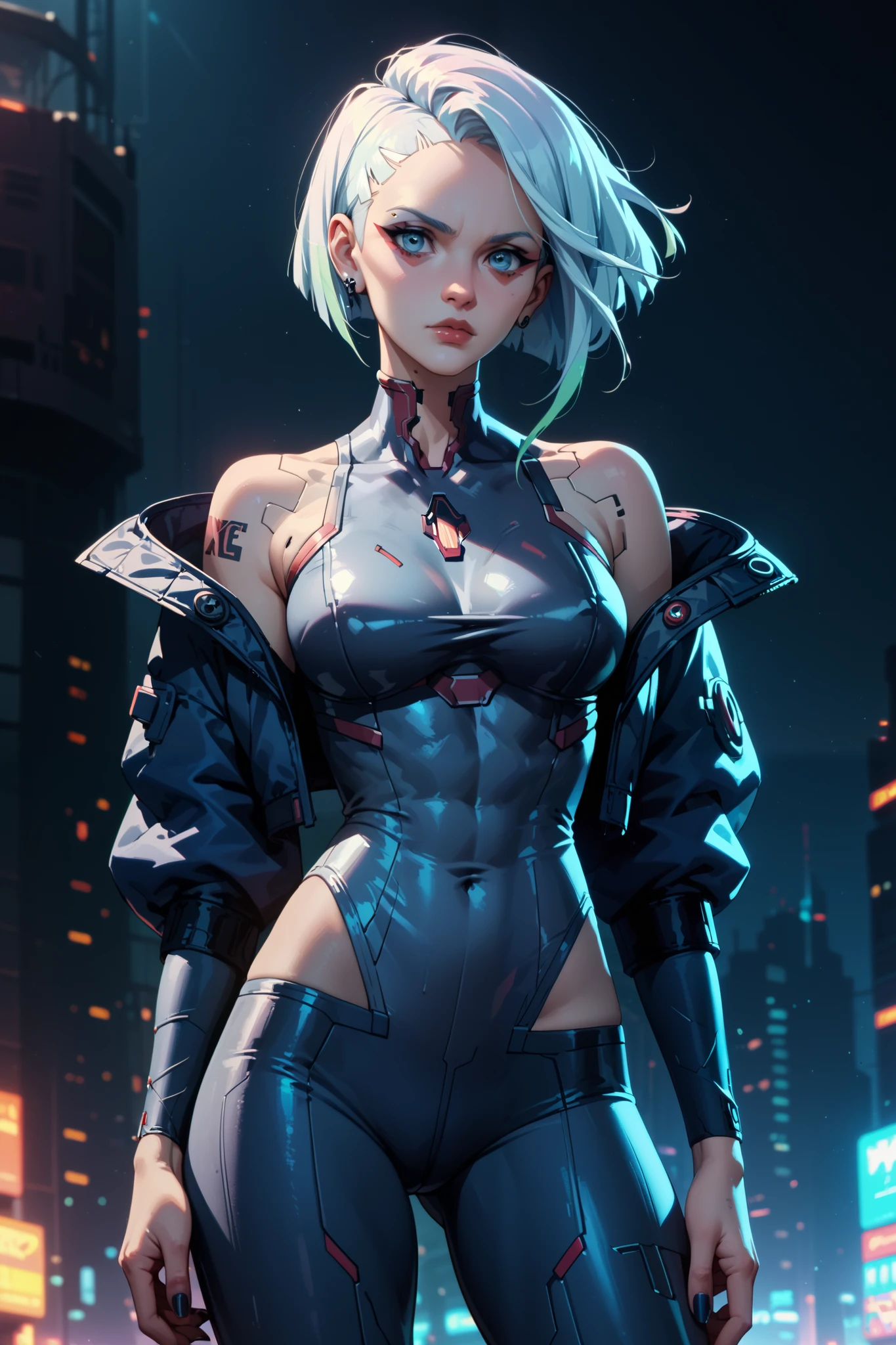 Gothic girl in CyberPunk style, 19 years old, perfect figure, third breast size, on the background of a futuristic place, nice tight-fitting dark blue suit, short white hair, blue eyes, front view, tattooed body, bitchy stare, aesthetic legs