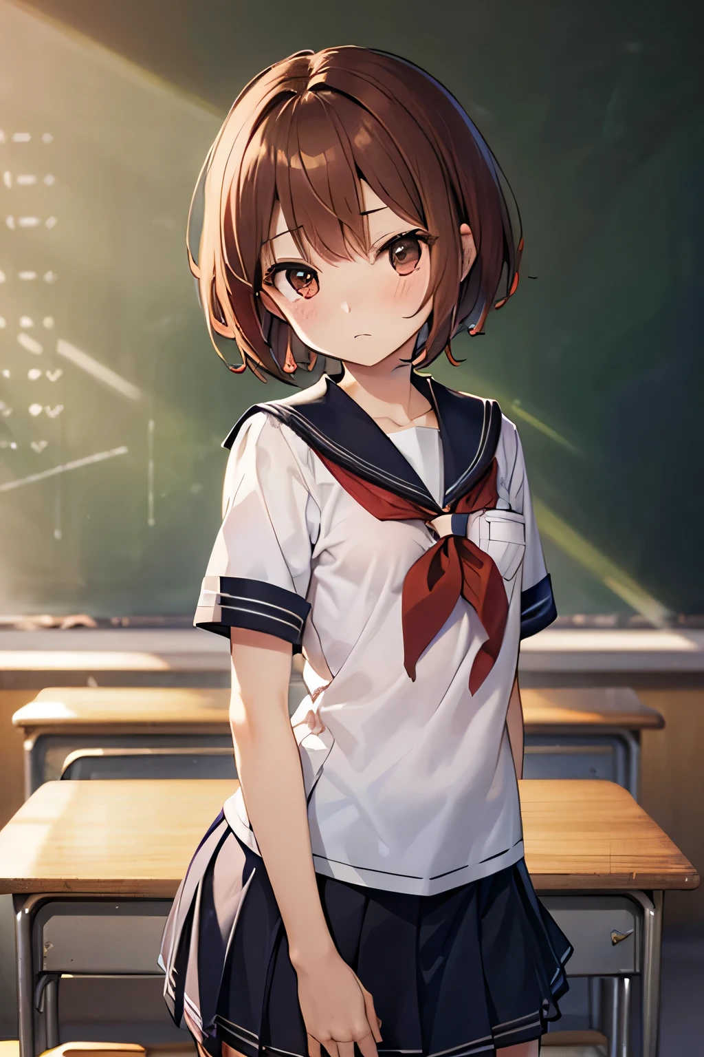 I am sitting on the floor of the School gymnasium and observing classes because I am not feeling well.,(masterpiece, Highest quality:1.2),figure,8K,High resolution,One girl,alone,Upper Body,(Portraiture:1.2),brown_hair,Folded_ponytail,brown_eye,Seraphim,length_hair,School_uniform,skirt,Pleats_skirt,