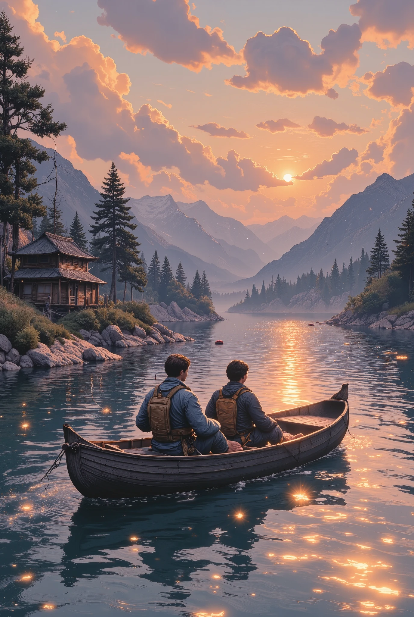 A serene river scene at sunset with golden light reflecting off calm waters. Two people sit in a small wooden boat—one fishing with a rod while the other rests quietly. In the background, lush green trees line the riverbank, with distant mountains bathed in warm orange and pink hues. The sky is vibrant, filled with scattered glowing clouds, creating a peaceful and magical atmosphere with soft sparkles in the air."