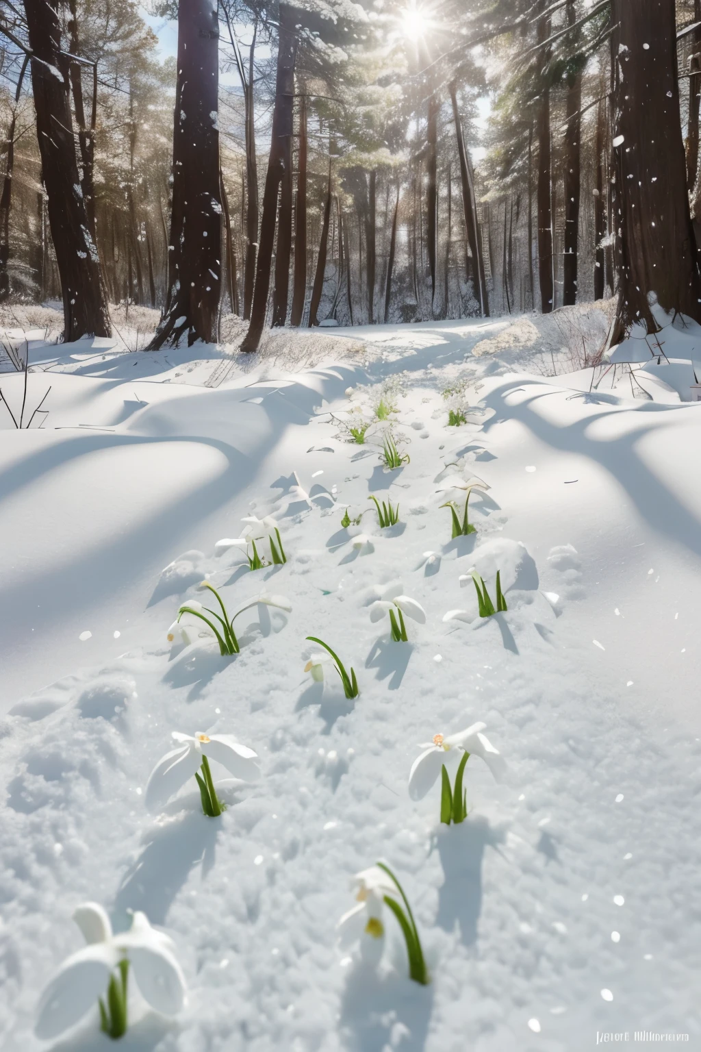 A quiet forest, covered in a blanket of white snow. Winter is slowly giving way to spring. The sun's rays filter through the trees, gently melting the snow. In this enchanting landscape, small snowdrop flowers begin to peep out from the ground, breaking the snow with their delicate white petals. As the snow melts, the snowdrops bloom in all their splendor, creating a carpet of flowers in the awakening forest. The birds begin to chirp, and a light wind carries the scent of advancing spring. The scene is a hymn to rebirth and the beauty of nature awakening after the long winter