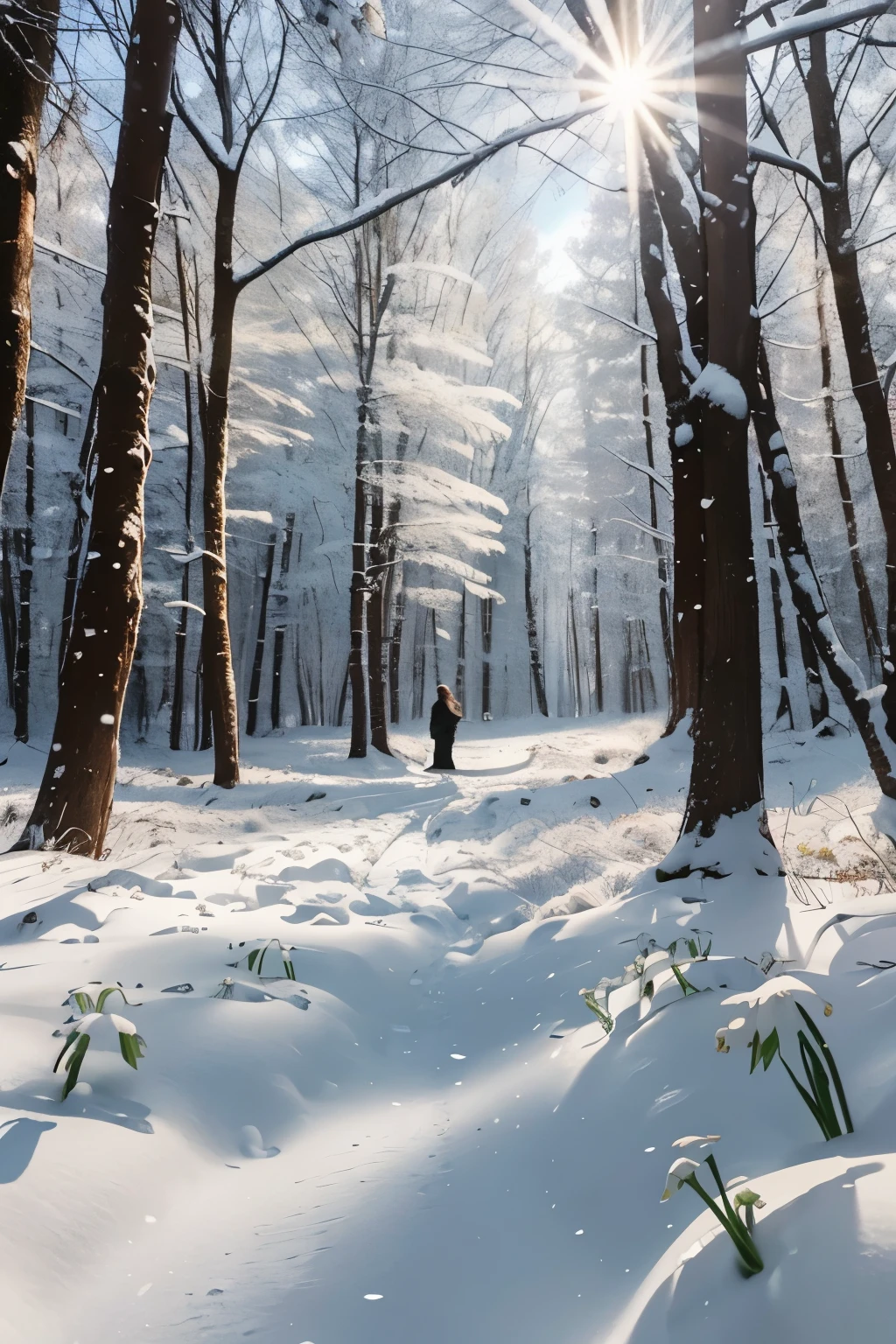 A quiet forest, covered in a blanket of white snow. Winter is slowly giving way to spring. The sun's rays filter through the trees, gently melting the snow. In this enchanting landscape, small snowdrop flowers begin to peep out from the ground, breaking the snow with their delicate white petals. As the snow melts, the snowdrops bloom in all their splendor, creating a carpet of flowers in the awakening forest. The birds begin to chirp, and a light wind carries the scent of advancing spring. The scene is a hymn to rebirth and the beauty of nature awakening after the long winter