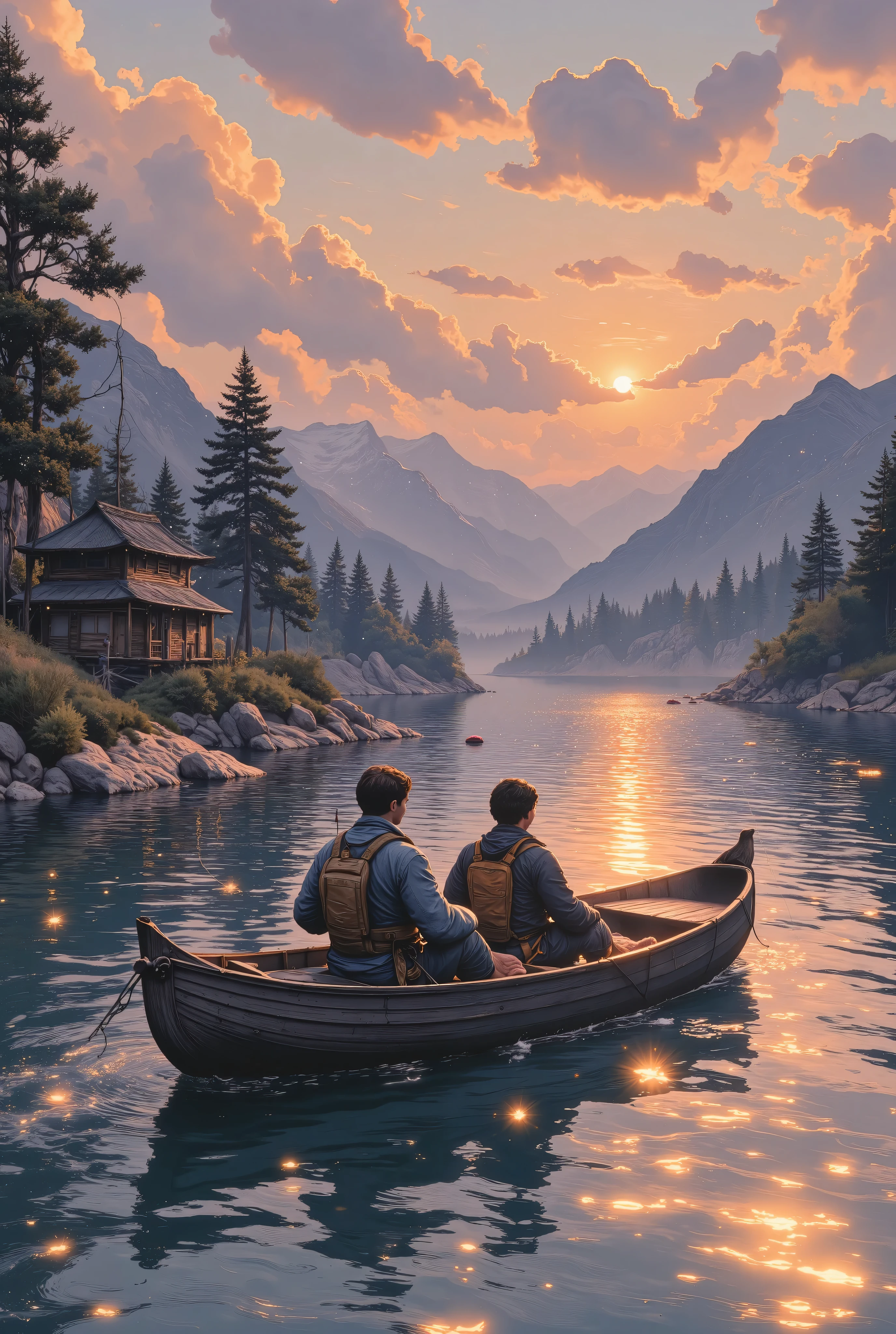 A serene river scene at sunset with golden light reflecting off calm waters. Two people sit in a small wooden boat—one fishing with a rod while the other rests quietly. In the background, lush green trees line the riverbank, with distant mountains bathed in warm orange and pink hues. The sky is vibrant, filled with scattered glowing clouds, creating a peaceful and magical atmosphere with soft sparkles in the air."