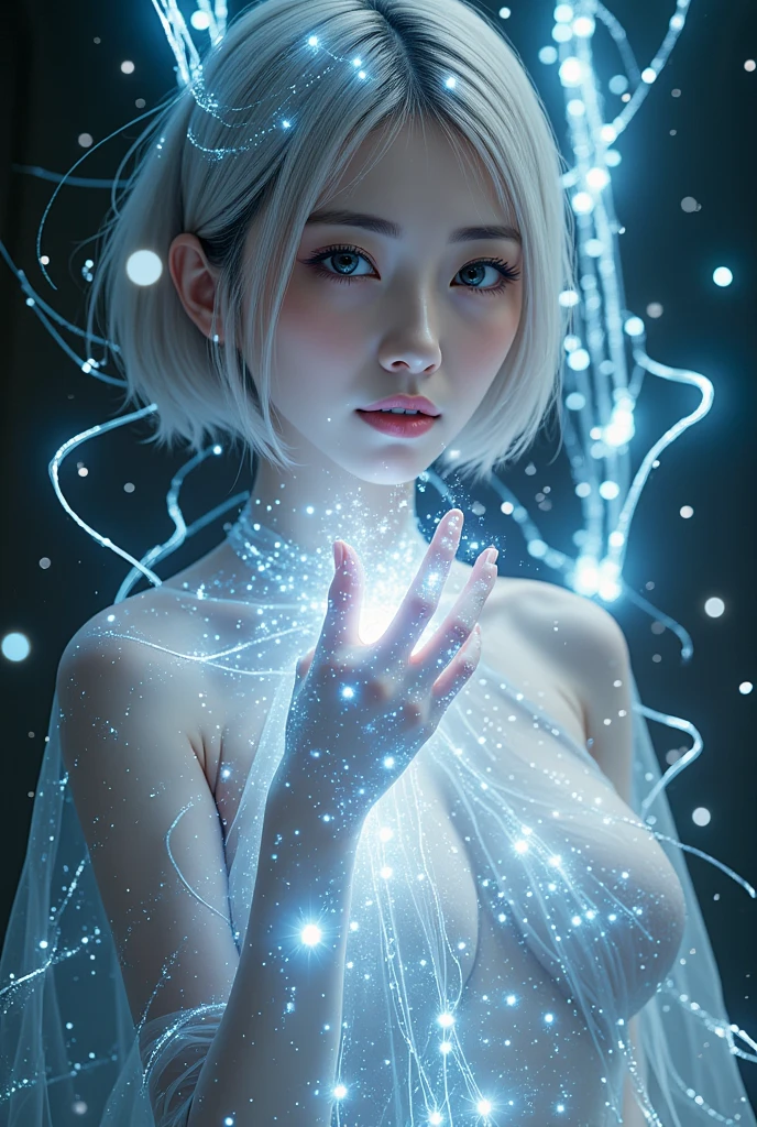masterpiece, professional artwork, intricate details, realistic, inspired by Guweiz and Michael Divine, glitch, double exposure, science fiction, hologram, digital cascade, full body, see-through framework body, foreshortening, reaching towards viewer, hand towards viewer, palm out, pale realistic skin, neon cybernetic tech fashion, contrasting colors, cascading ascii matrix style background