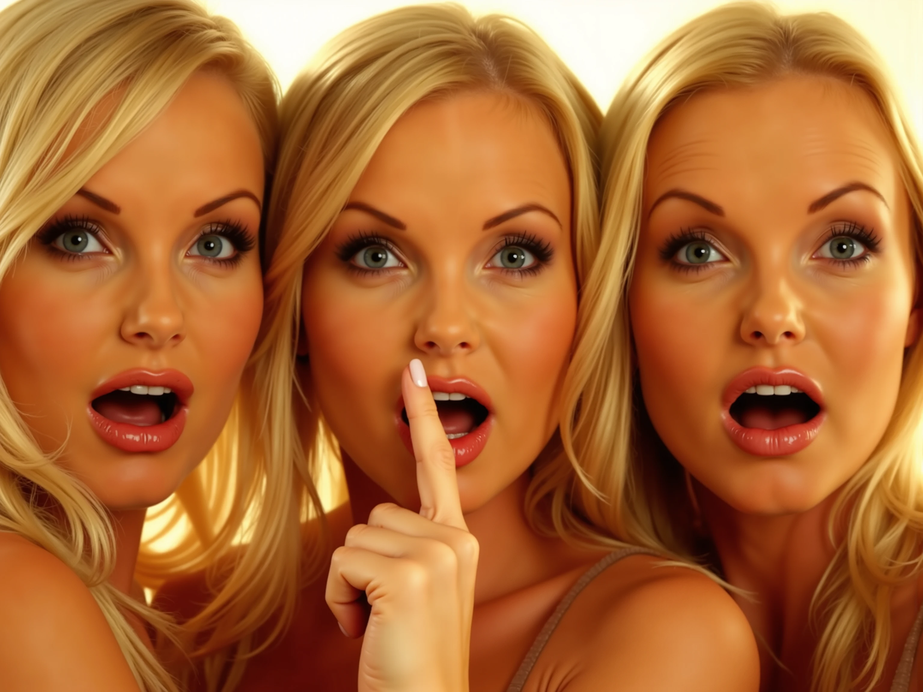three blond woman, heads next to each other, shocked, mouth open wide, finger pointing to chin, looking to viewer, faces only, sunny