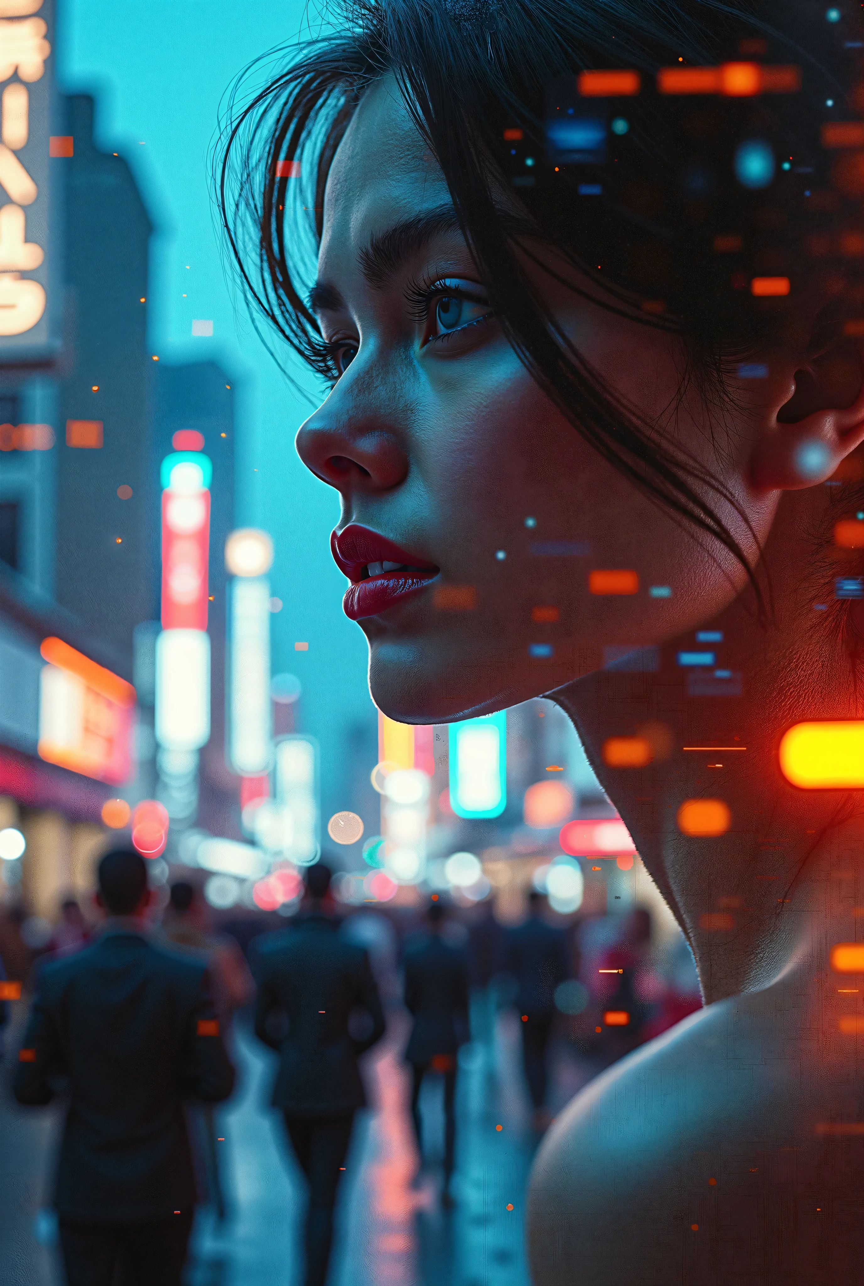 Close-up of a woman in a silk blindfold standing on the edge of the roof of a high-rise building, inspired by Ross Tran, fantasy, drama, rose in hand in front of her, lace light dress, streets in lights of the city below her, drizzling rain about to fall so close to the edge, artist Andreas Rocha, Peter Morbacher'', beautiful night --ar 3:4
