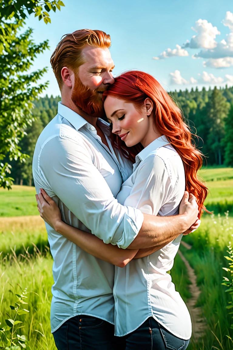 A plump woman with wide hips and small breasts, she is beautiful. Her hair is long and red, her cheeks are full of freckles and red.. Dressed in a white dress with pink tulip design.
A handsome man of 38 years old with short, dark blonde hair, Striking green eyes, his sculpted jaw and stubble he is handsome with black dress pants and a white button-down shirt.
They are facing each other and in the background there is a large and beautiful chalet.