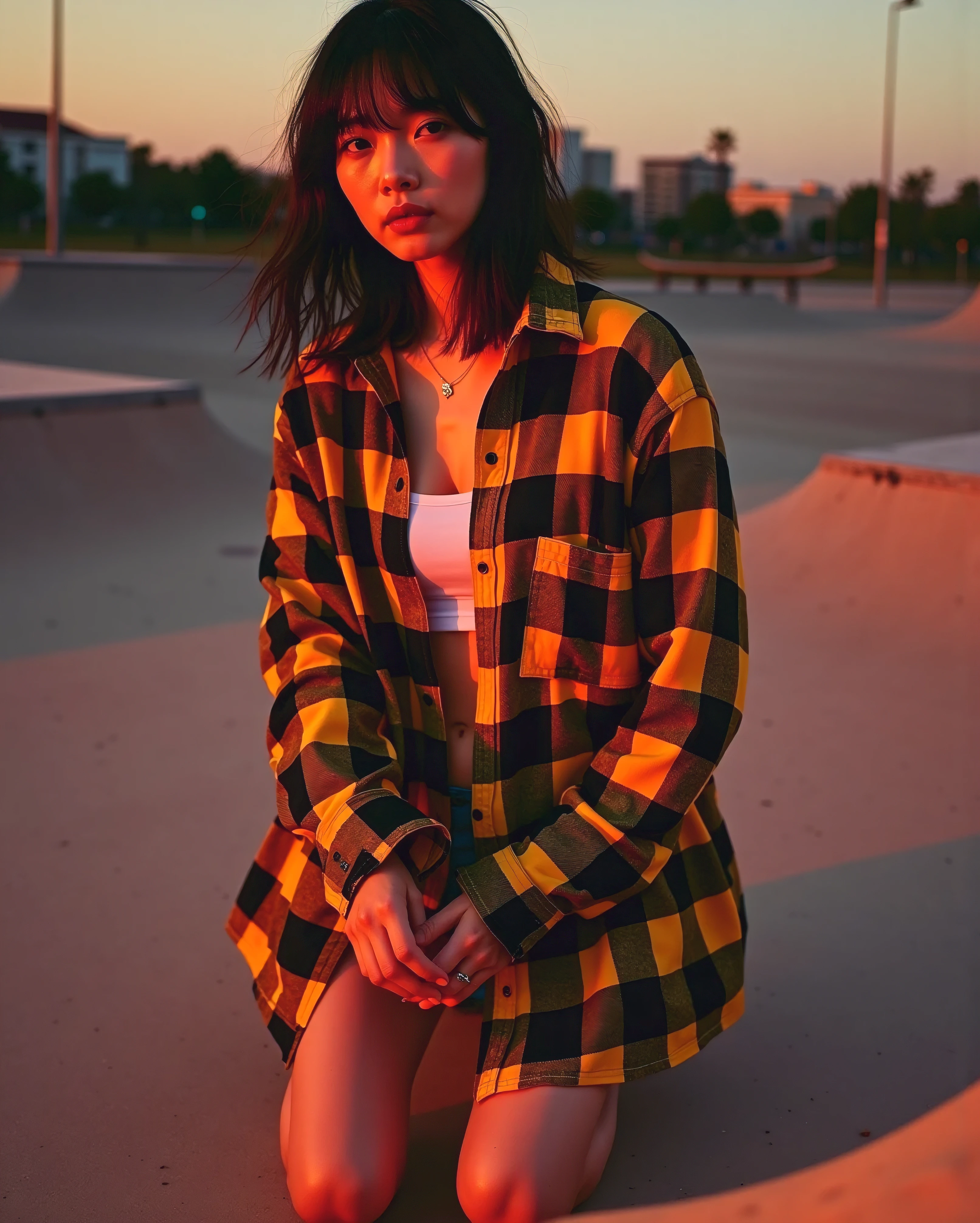 (((Full body view))), Cinematic photography of a tall skinny beautiful Korea sensual actress Bae Doona with only wearing a very very revealing halftone-pattern yellow and black oversized flannel shirt and thigh-high boots is kneeling sensually inside an empty skatepark at sunset and looking at the camera, (((Bae Doona realistic face:1.3))), (((very beautiful thin face, perfect detailed eyes, very pointy nose))), (((looking at camera, very  gaze))), (((very  smile))), (((messy hair with a bang:1.3))), (((very skinny sensual tall body))), (((kneeling))), wearing a (((very very revealing halftone-pattern yellow and black oversized flannel shirt))), very very revealing halftone-pattern oversized flannel shirt with (((yellow and black color))), exposing her beautiful big round , very large  protruding, exposing her very very pointy  shape, (((slim abs))), (((very skinny legs))), (((spreading legs))), (((not wearing   :1.3))), (((showing :1.3))), (((very very dense pubic hair:1.3))), wearing (((thigh-high boots))), (((perfect skinny ))), very sensual (((kneeling pose))), background is (((an empty skatepark at sunset))), a photorealistic painting by Antoine Wiertz, featured on reddit, hyperrealism, cinematic lighting, very sharp focus, narrow depth of fields, Kodachrome film color, night photography, 90's  fashion photography, 90's grunge style, Bae Doona sensual  girl, sensual smoking body, very very revealing halftone oversized flannel shirt, hot looking Korean  girl, sensual movie photo, Bae Doona in yellow and black oversized flannel shirt, ultra sensual look, editorial photography on Vogue magazine, high-end fashion, grunge style, 90's artistic 