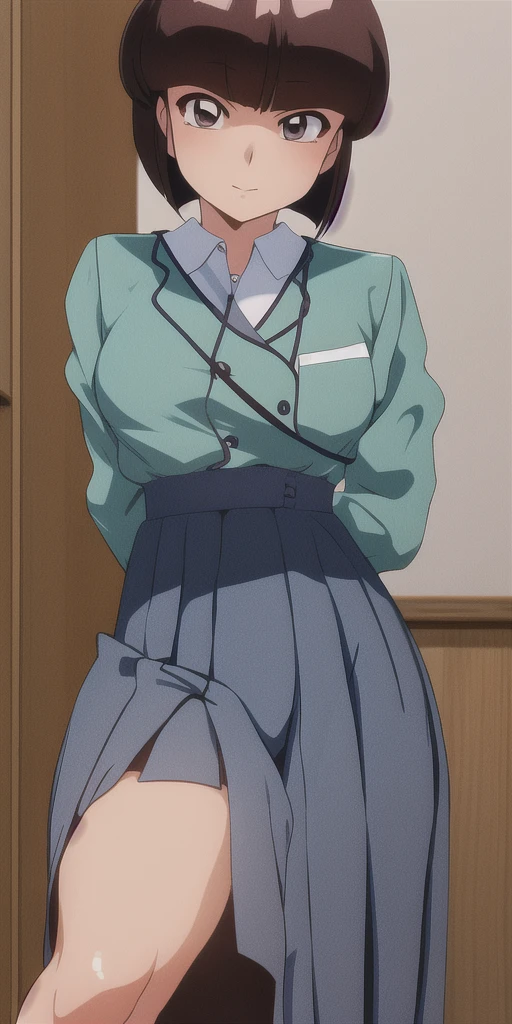 YH, 1girl, solo, angle, looking at viewer, smile, blush, kneeling on bed, very long white button shirt, no pants, arms behind head, perfect quality, good quality, masterpiece, HDR, UHD <lora:Yui Hongo:0.8>