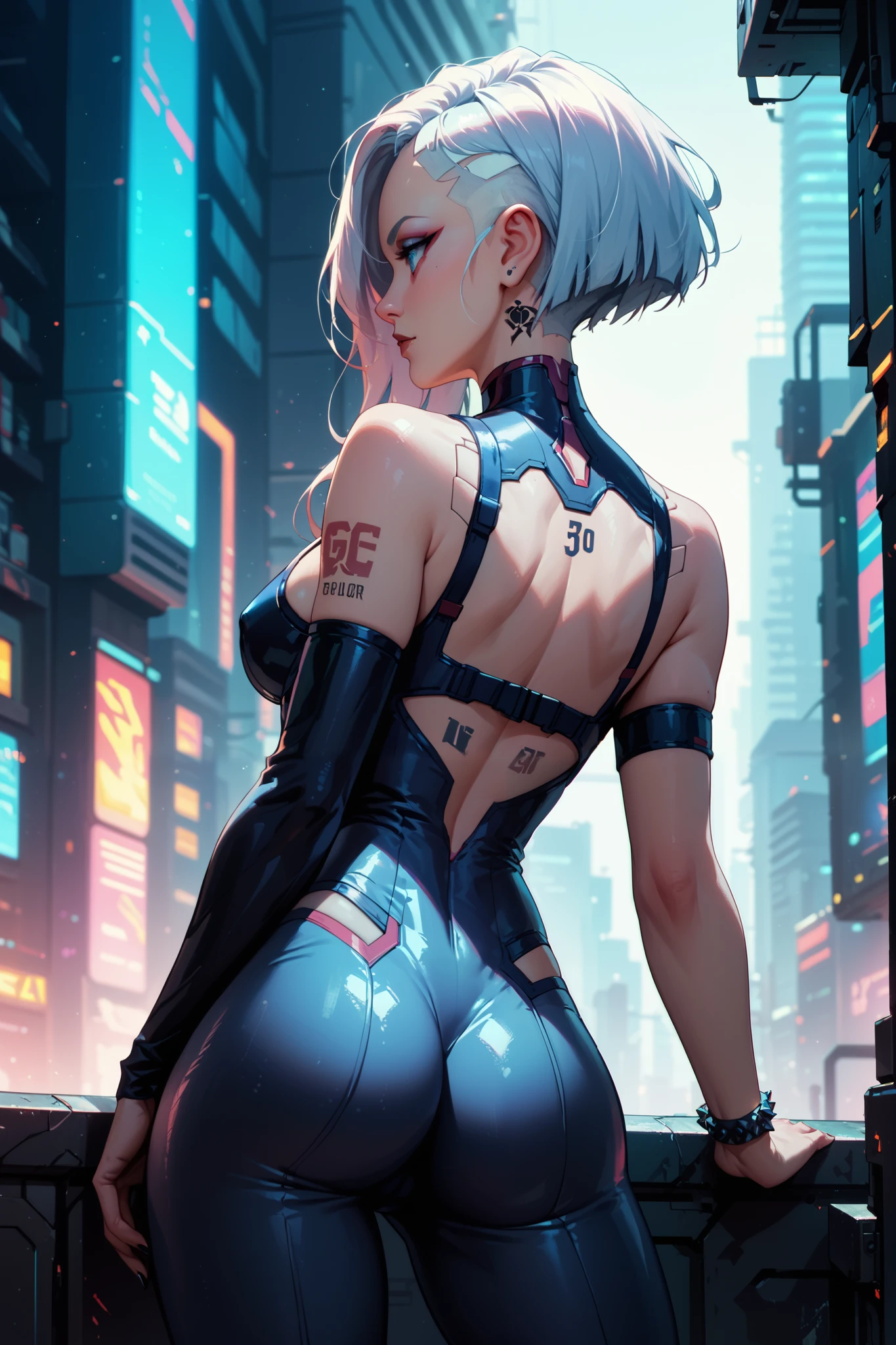 "Ultra-high resolution, UHD, ultra-detailed, hyper-realistic skin texture, high-quality rendering, photorealistic portrait. A futuristic anime-style woman named Lucynova with a choppy, asymmetrical bob of pure white hair featuring short pink and blue highlights. She is standing before a large oval-shaped glass window in a sleek apartment.  overlooking a vibrant cyberpunk cityscape with neon lights, glowing signs, She gazes outside, her arms folded, Neon reflections illuminate the sharp contours of her black leotard, thigh-high boots, white glossy transparent whit jacket, whit glossy shorts, and utility belt—a signature cyberpunk outfit. Shot with a wide-angle lens, capturing her back profile, lit dramatically by the glowing neon city lights."


