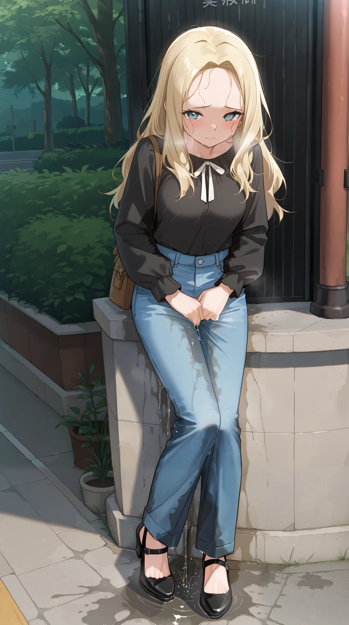 masterpiece, best quality, amazing quality, 1girl, youthful female, scandinavian, lovely long hair, forehead, beautiful eyes, (wetting herself:1.5), desperation, blue denim pants, casual outfit, footwear, medium breast, looking at viewer, relief, outdoor setting in februery in scandinavia, full body, absurdres