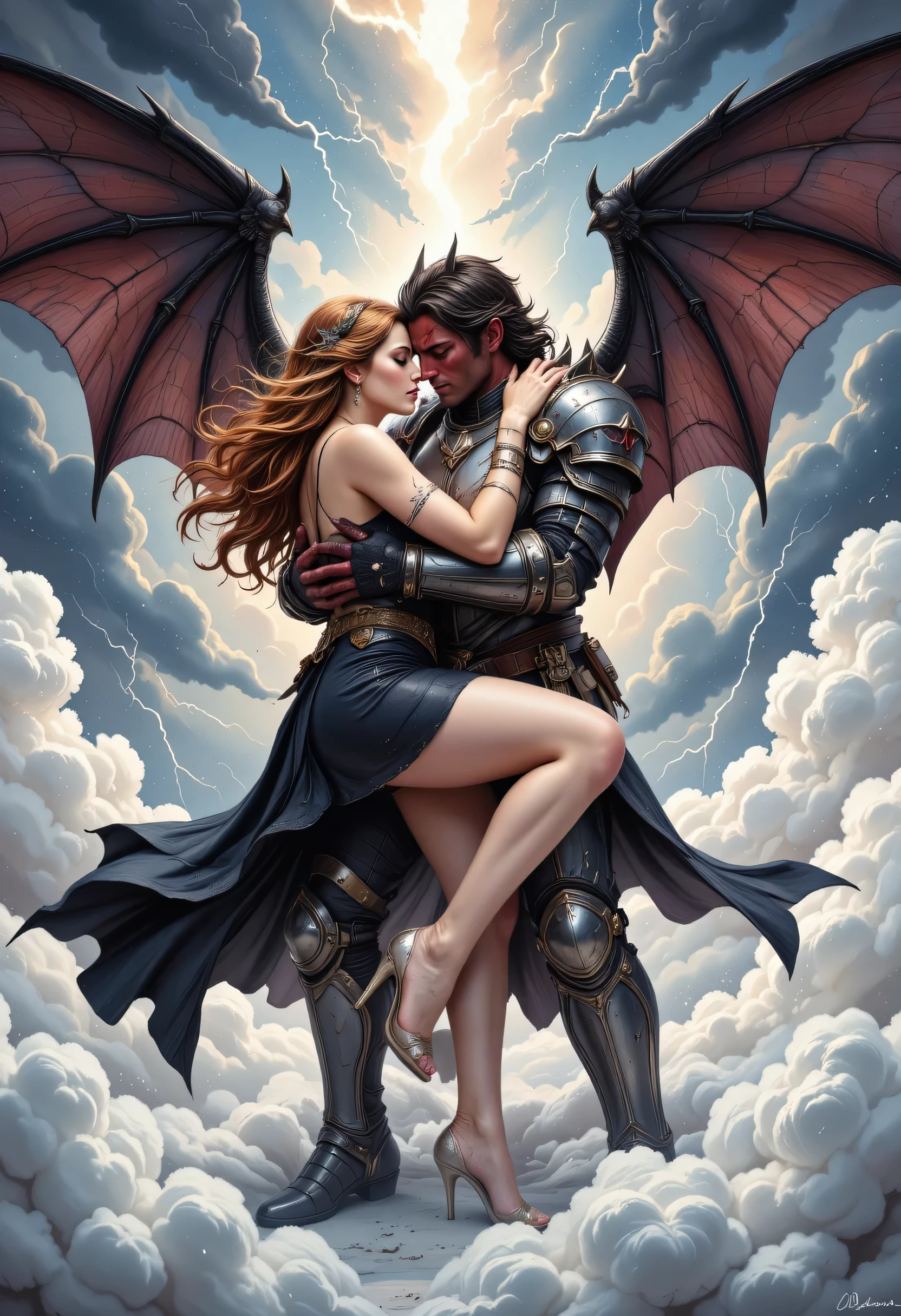 an epic comic art painting, watercolor masterpiece art of a knight and a bride hugging in heaven, a female knight wearing armor, leather dress, intricate dress,  high heels, dynamic color dress, pale skin, best details beautiful face ,dynamic hair color, busty, small cleavage, long  hair, orange hair, wavy hair, BREAK, a male demon red skin, black bat wings, black demon horns, ,dynamic hair color,  red eyes, best details beautiful face,  hugging on a cloud in heaven, dynamic lightning, heaven background, vibrant, Ultra-high resolution, High Contrast, (masterpiece:1.5), highest quality, Best aesthetics), best details, best quality, highres, ultra wide angle, 16k, [ultra detailed], masterpiece, best quality, (extremely detailed), hyp3rd3tail style, ArsMJStyle, dnddarkestfantasy