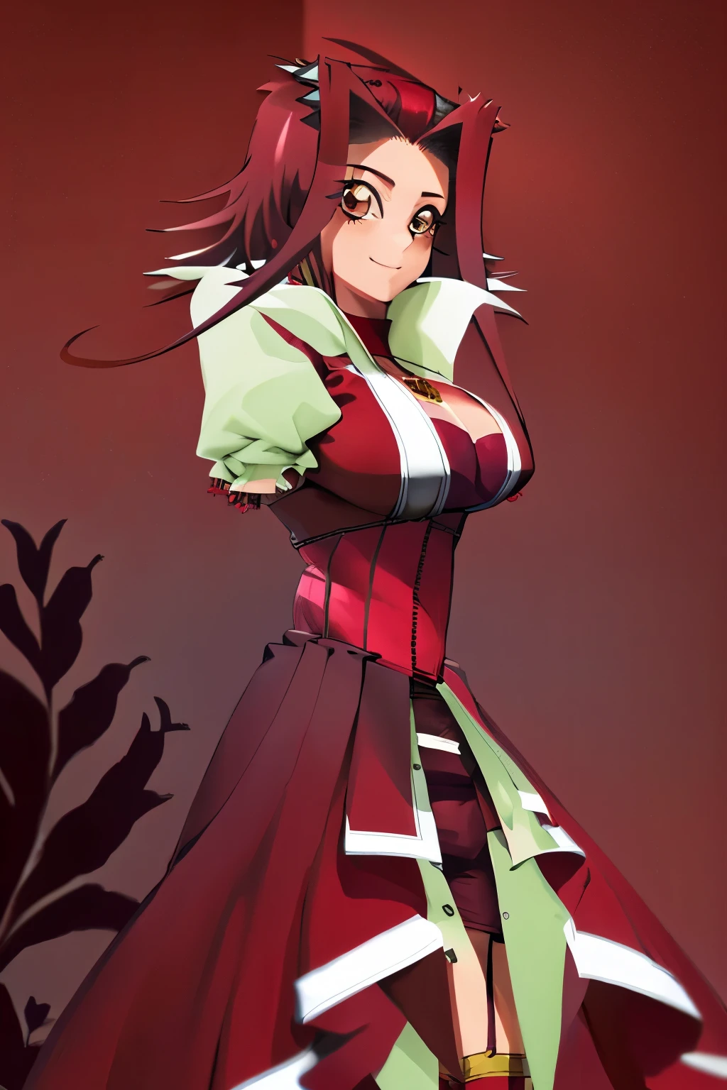 Izayoi Aki, brown eyes, smile, big breasts, precise hands, short crimson skirt, red and black corset, anime style, neutral face, sexy, thighhighs, red high heels