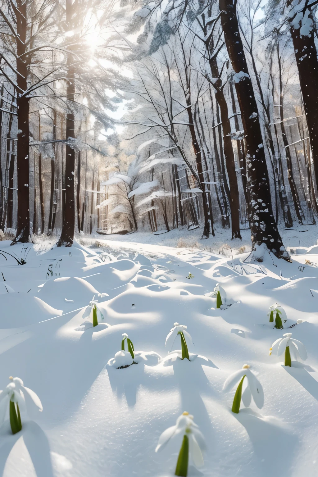 A quiet forest, covered in a blanket of white snow. Winter is slowly giving way to spring. The sun's rays filter through the trees, gently melting the snow. In this enchanting landscape, small snowdrop flowers begin to peep out from the ground, breaking the snow with their delicate white petals. As the snow melts, the snowdrops bloom in all their splendor, creating a carpet of flowers in the awakening forest. The birds begin to chirp, and a light wind carries the scent of advancing spring. The scene is a hymn to rebirth and the beauty of nature awakening after the long winter