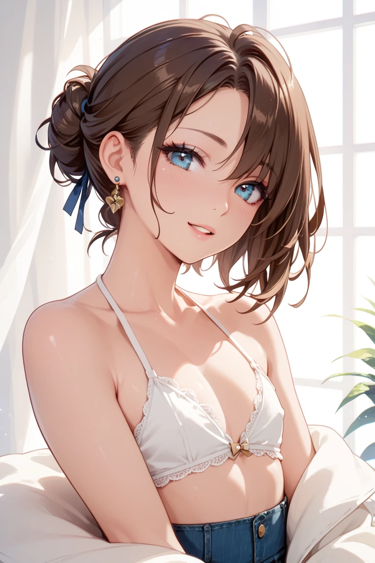 Highest quality, masterpiece, High resolution, 一人in, {sarinoga_Fleet Collection:1.15}, brown_hair, length_hair, ponytail, ~ side_ponytail, hair_between_eye, green_eye, chests, ~ sidelocks, big_chests, smile, pocket, chest_pocket, chimney, One girl, blush, good, chestの谷between, clavicle, Looking_in_Audience, underwear, white_good, Closed_mouth, panties, underwear_only, white_panties, chimney_hair_ornament, upper_body