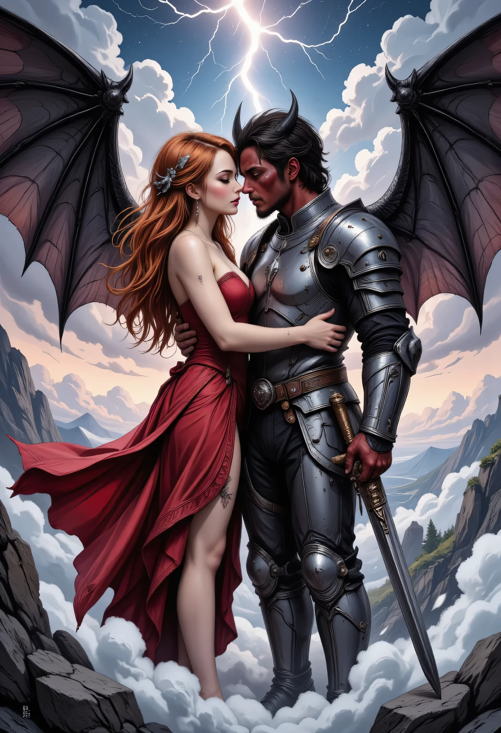 an epic comic art painting, watercolor masterpiece art of a knight and a bride hugging in heaven, a female knight wearing armor, leather dress, intricate dress,  high heels, dynamic color dress, pale skin, best details beautiful face ,dynamic hair color, busty, small cleavage, long  hair, orange hair, wavy hair, BREAK, a male demon red skin, black bat wings, black demon horns, ,dynamic hair color,  red eyes, best details beautiful face,  hugging on a cloud in heaven, dynamic lightning, heaven background, vibrant, Ultra-high resolution, High Contrast, (masterpiece:1.5), highest quality, Best aesthetics), best details, best quality, highres, ultra wide angle, 16k, [ultra detailed], masterpiece, best quality, (extremely detailed), hyp3rd3tail style, ArsMJStyle, aidmaDarkGothicAnime