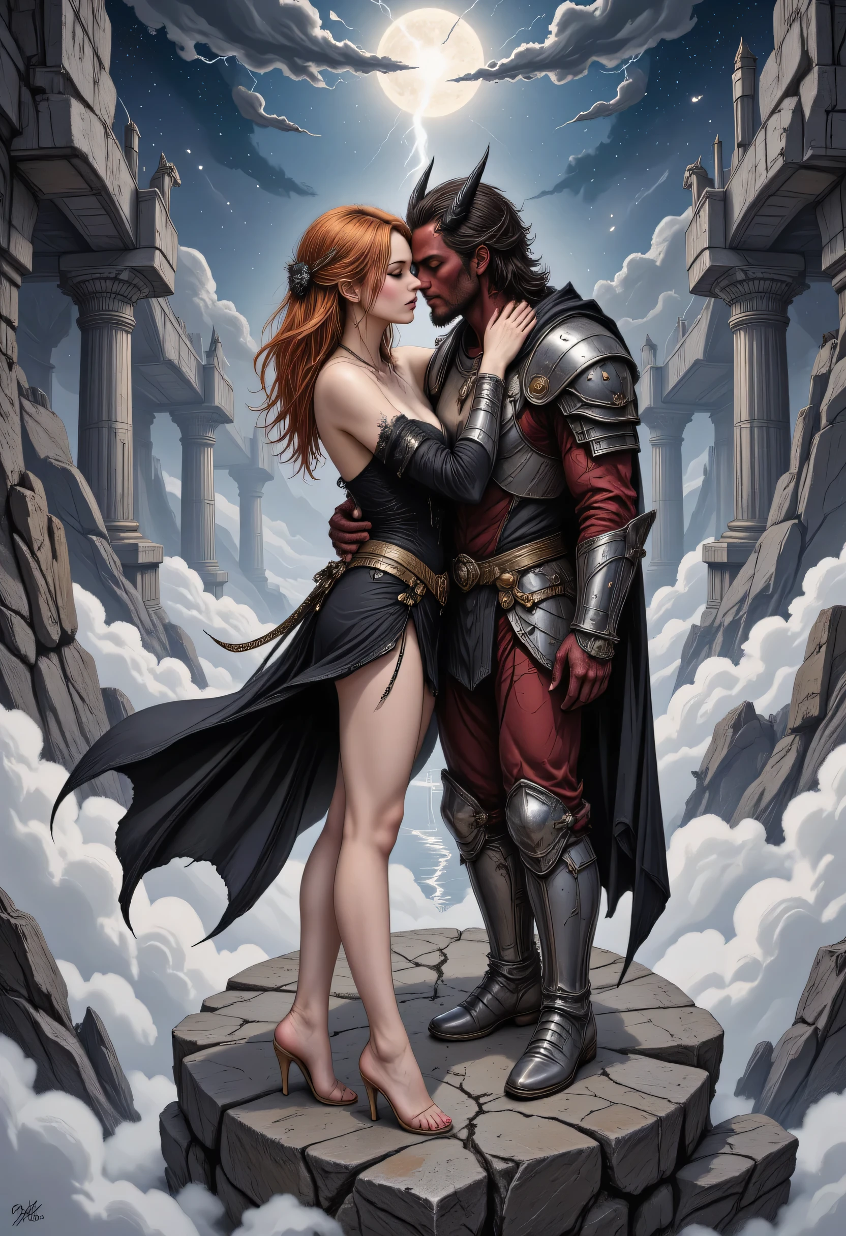 an epic comic art painting, watercolor masterpiece art of a knight and a bride hugging in heaven, a female knight wearing armor, leather dress, intricate dress,  high heels, dynamic color dress, pale skin, best details beautiful face ,dynamic hair color, busty, small cleavage, long  hair, orange hair, wavy hair, BREAK, a male demon red skin, black bat wings, black demon horns, ,dynamic hair color,  red eyes, best details beautiful face,  hugging on a cloud in heaven, dynamic lightning, heaven background, vibrant, Ultra-high resolution, High Contrast, (masterpiece:1.5), highest quality, Best aesthetics), best details, best quality, highres, ultra wide angle, 16k, [ultra detailed], masterpiece, best quality, (extremely detailed), hyp3rd3tail style, ArsMJStyle, aidmaDarkGothicAnime