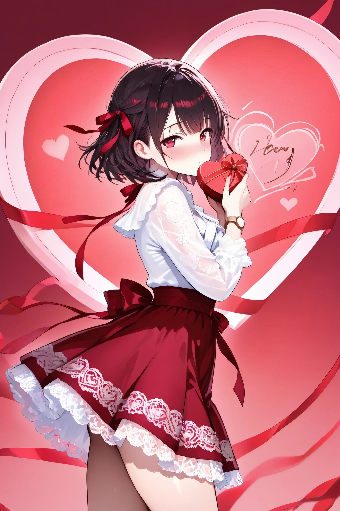 Heart-shaped box, gothic clothes、from side, white blouse、 red skirt、
Heart.
valentine,
Red Ribbon,Background with lots of red ribbons、 Watch Viewers 、 looking at camera、white blouse、red ribbons, 1girl ,valentine's Day Clipart. A woman is shyly confessing her love. Background decorated with red ribbon. Large heart symbol, woman in dress. Illustration with a sense of dynamism.Beautiful thighs,Beautiful lace pattern,