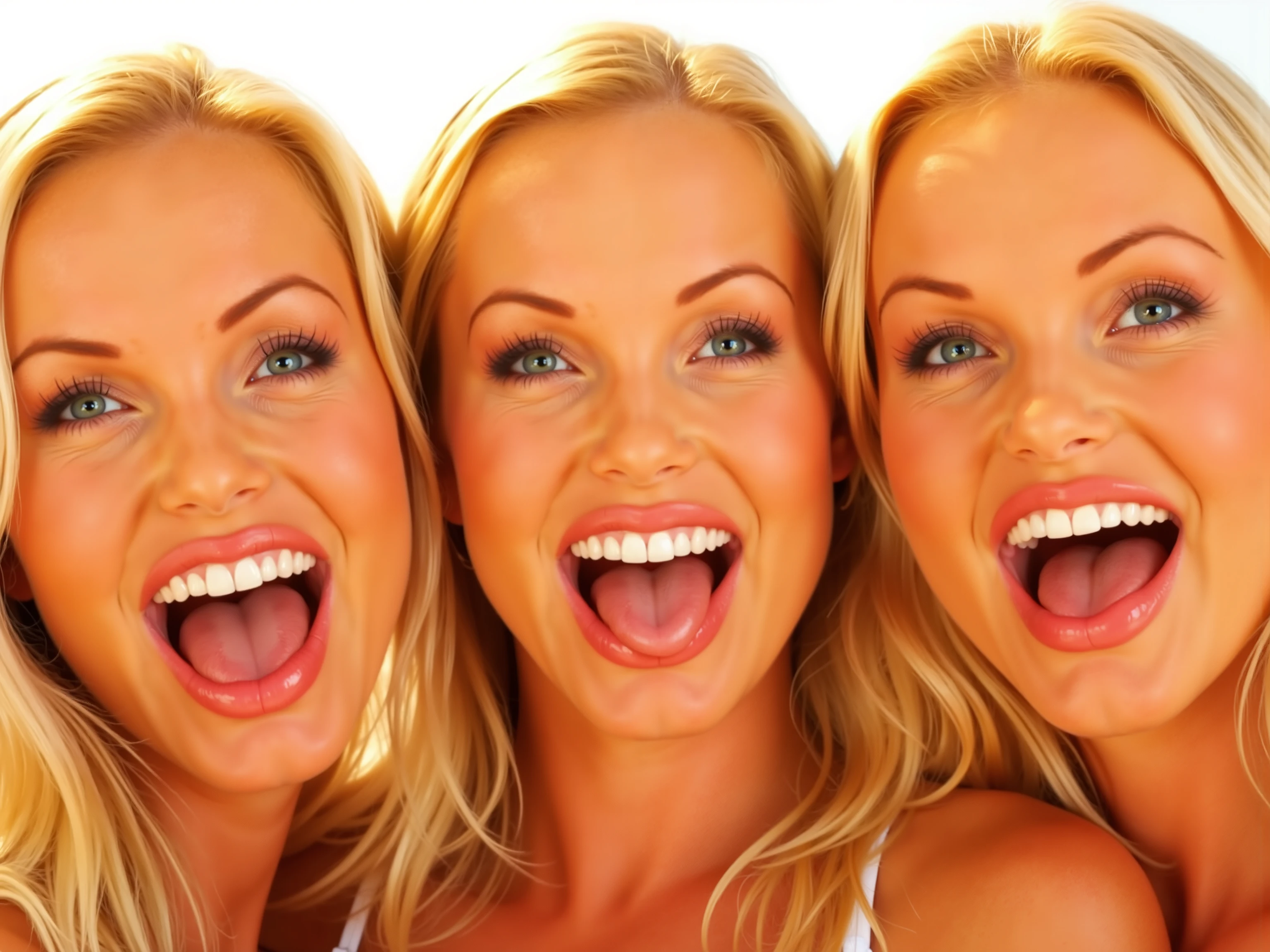three blond woman, heads next to each other, smiling, mouth open wide, tongue , faces only, sunny