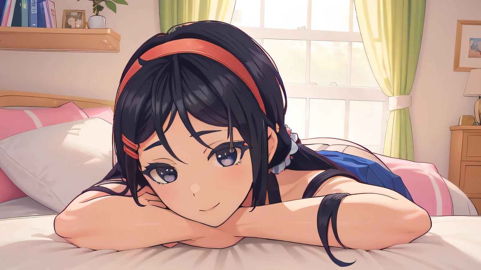 (1 , Sozinho, Sensual, lindo, elegante, (magro:1.2), (nsfw, nu, nu), sorriso sedutor, cílios, lábios carnudos, maquiagem), girl lying on the bed on her stomach, propped up on her elbows, looking directly at the camera with a warm and expressive smile. Her face is the main focus of the image, capturing details like bright eyes and softly falling hair around her face. The background is slightly blurred to emphasize the protagonist, creating a cozy and inviting atmosphere. The lighting is soft and natural, conveying a sense of warmth and closeness, perfect for a YouTube thumbnail