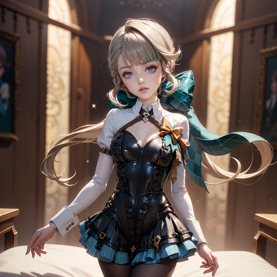 masterpiece,best quality,1girl,mmplatz,twintails,twin drills,dress,blue pantyhose,striped pantyhose, Female, standing, straight, looking at viewer, handcuffs on their hands, with a collar around the neck, slave, ((black choker, shackles on legs and arms))