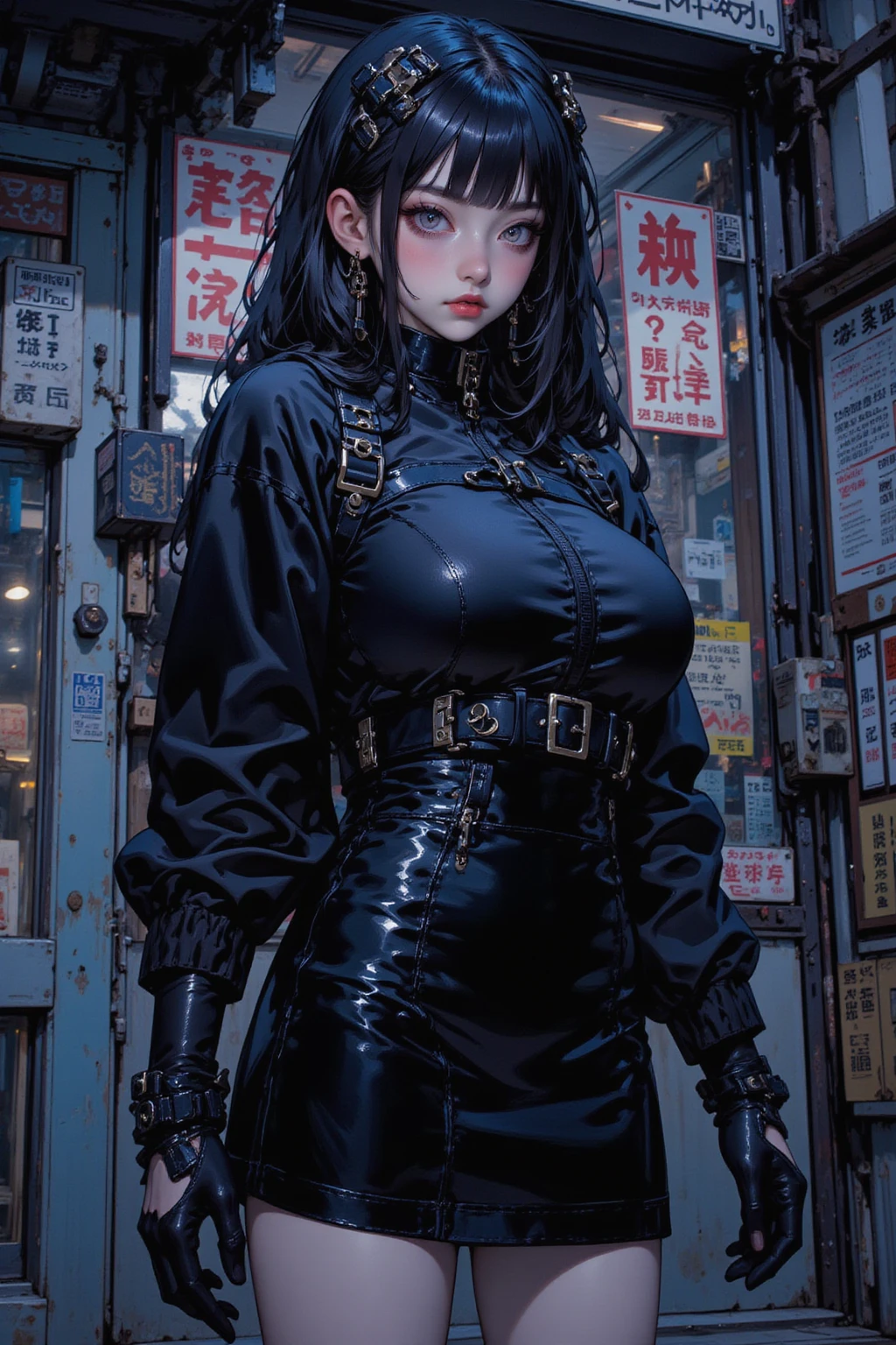 Anime girl in a black outfit standing in front of a store, dressed in punk clothes, shiny, latex, anime girl dressed in a black dress ,   goth anime girl , Who wears a punk outfit , blue and black,  anime character;  full body art , 80's anime vibe,  aesthetic appearance of a goth girl ,  anime illustration , cinematic lighting, drop shadow, backlighting, multiple monochrome, UHD, Retina, masterpiece, Accurate,  Anatomically Correct , textured skin, Super detail, high details, high quality,  award winning , best quality,  highres, 1080P, HD, 16K
