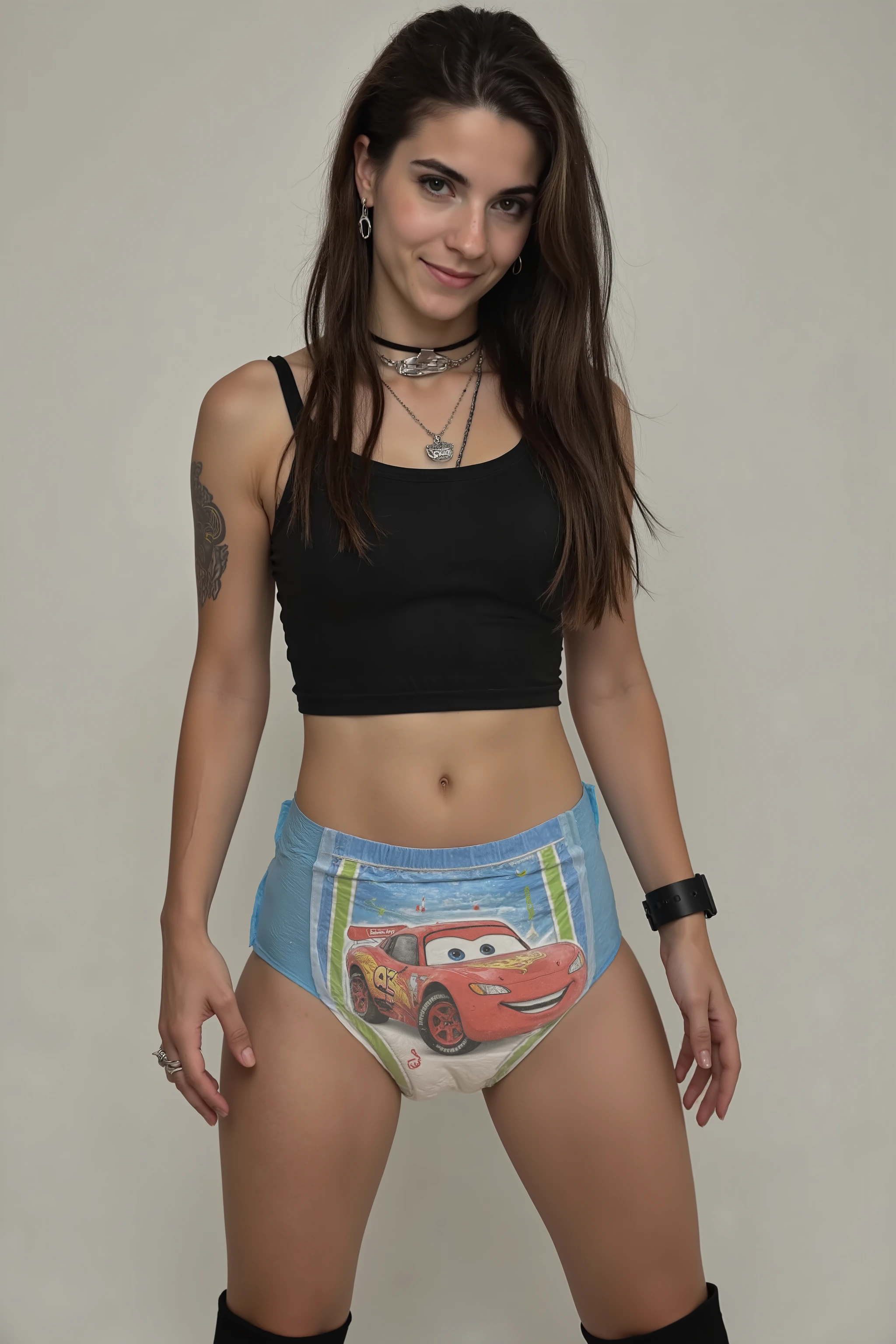 a beautiful punk goth girl with dreadlocks wearing blue largened pull ups diapers, wearing thickened adult pull ups, on the front of the pull ups there is lightning mcqueen designs, highly detailed, photorealistic
