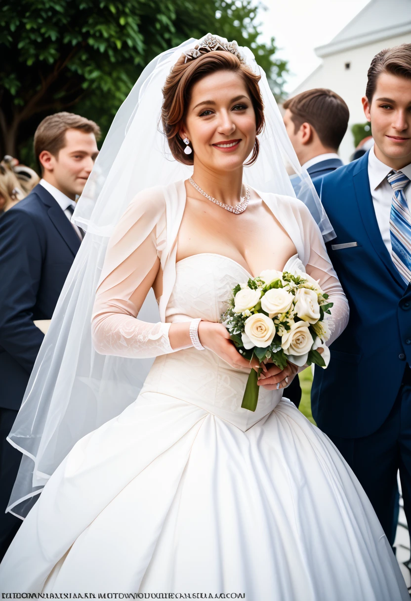 Kate, ripped muscle, muscular body, pale skin, smile(blush), nude, veil, [ultra detailed skin:1.2], 8k uhd, full body, stand, sweat, cum on face, crowd, public, rain,