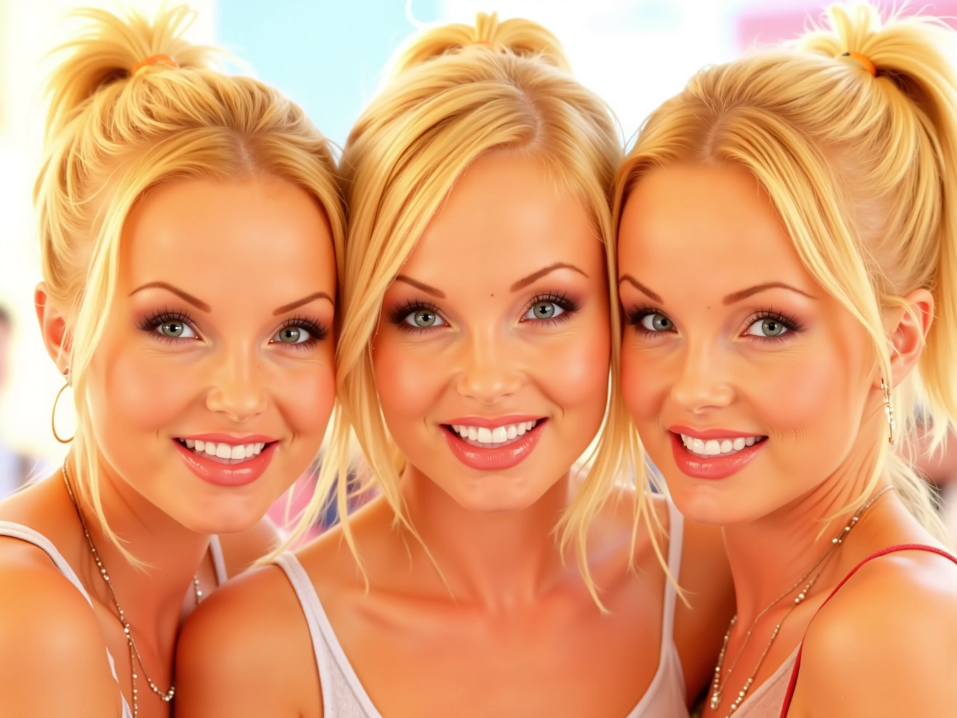 three blond woman, heads next to each other, smiling, mouth open wide, tongue out, faces only, sunny, hair in a pony tail