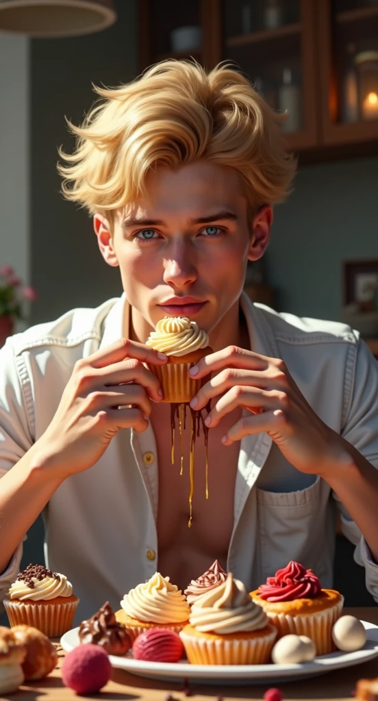 mysterious handsome person, eating cheese waffle, blonde long hair men, topless, in bed, with syrup and waffle in his body and in bed