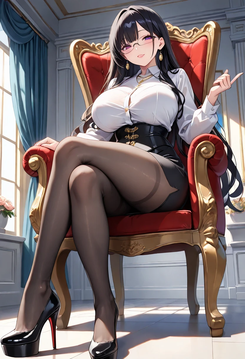 Beautiful feet、Black Pantyhose、cool、Girly、Square Frame Glasses、Beautiful breasts、Big Boobs、Very Big Breasts、Big Breasts、Slightly curled long、Chic outfit、Sitting with legs crossed、