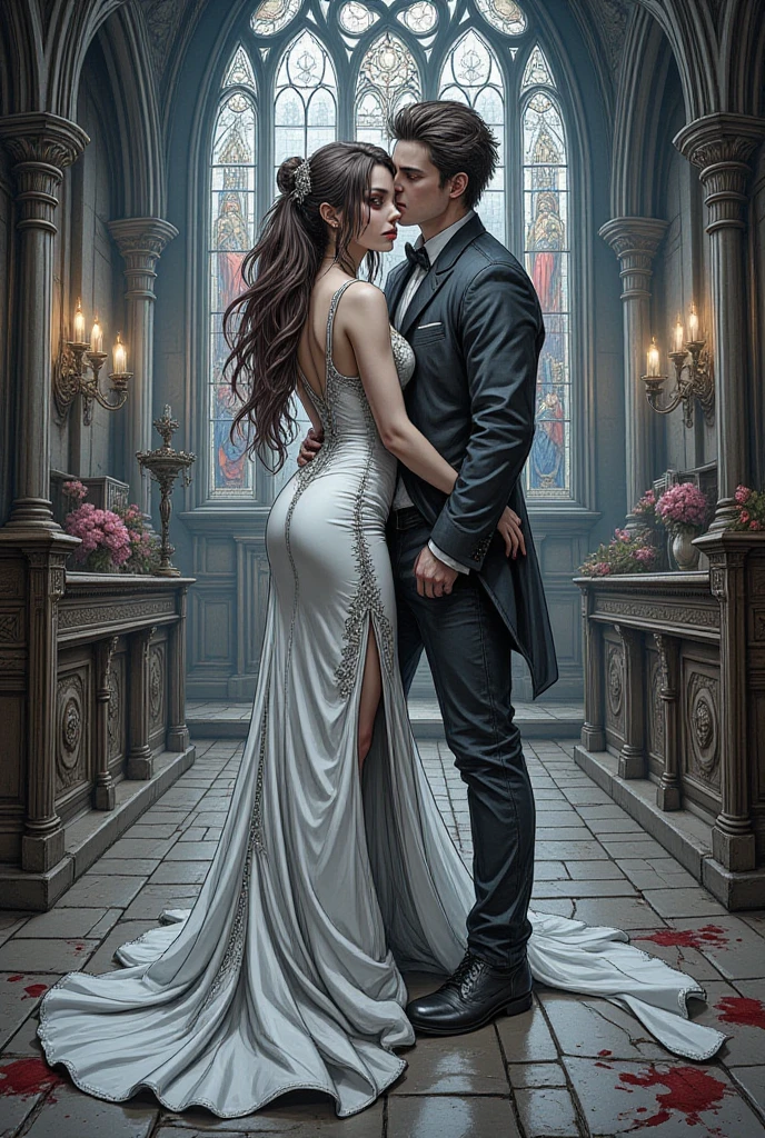 a father (he had been brainwashing by his second son,crossdressing,Sex with his second son every day, wear sexy Wedding lingerie,bride of his second son,have one's first night,,swear live as the wife of his second son for life) ,an empty abandoned church,in front of the confessional table