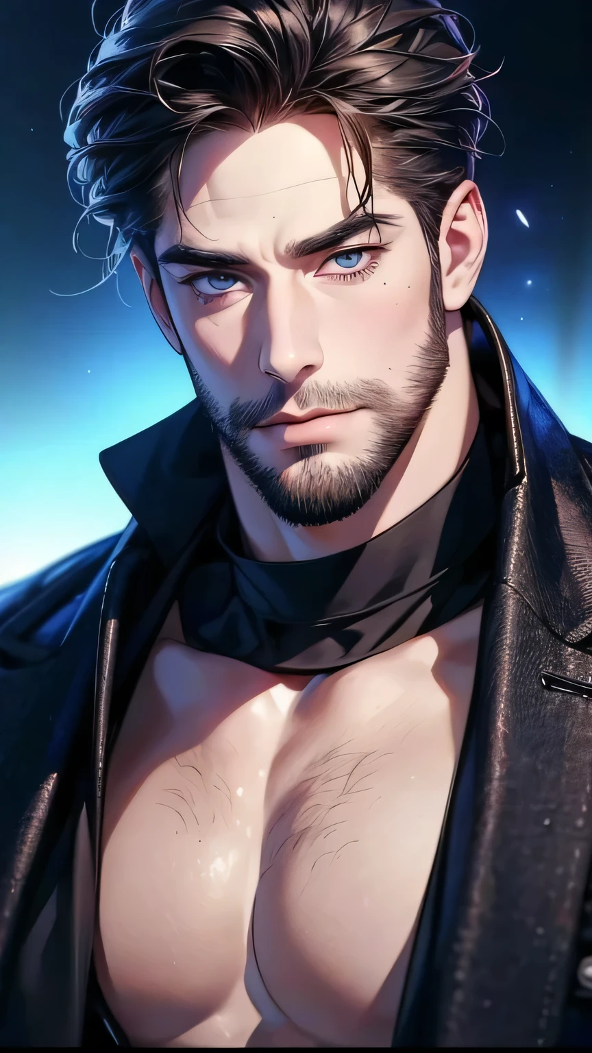 (  stupid,4K,8k,  highres,  masterpiece:1.2),  ultra-detailed,(realistic,photorealistic,photo-realistic:1.37),36-year-old man,3 day beard,cute anime ,Portraits,strong,Masculine,  dark hair,sharp jaw,    mesmerizing eyes    ,  perfectly combed hair,  cool anime outfit,  Confident expression  ,  vibrant colors,  dynamic lighting,  expression of love   .