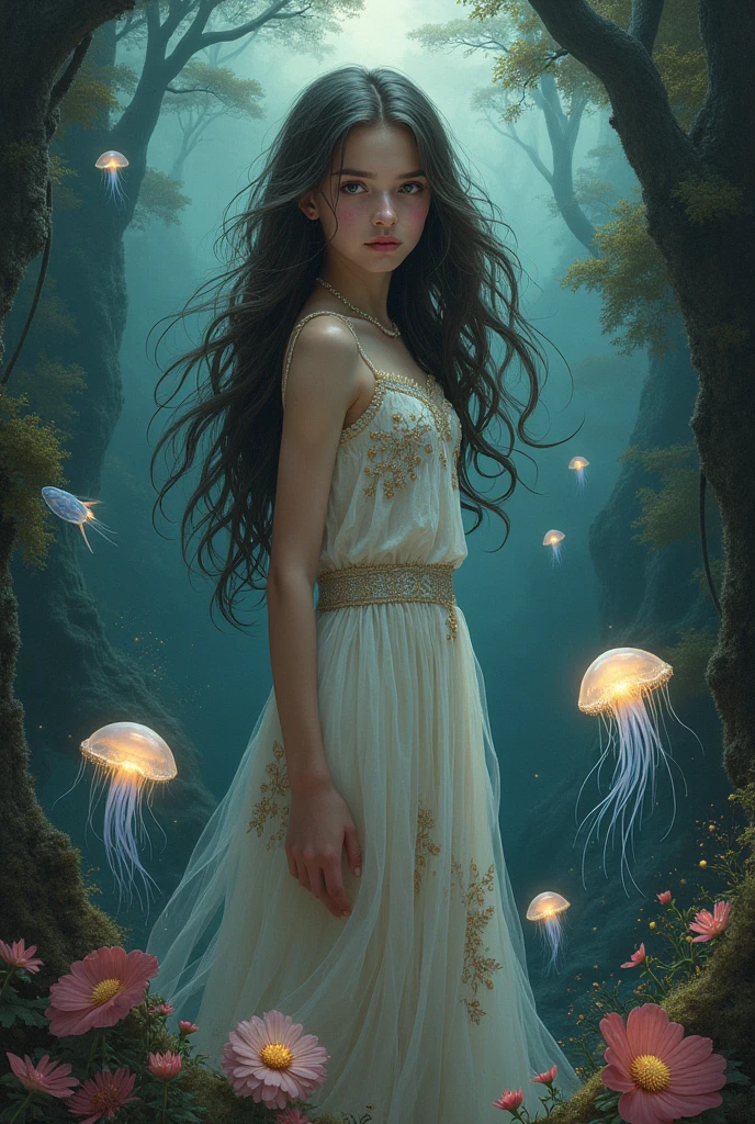 hippopotamus woman, with a beautiful jellyfish dress, full body