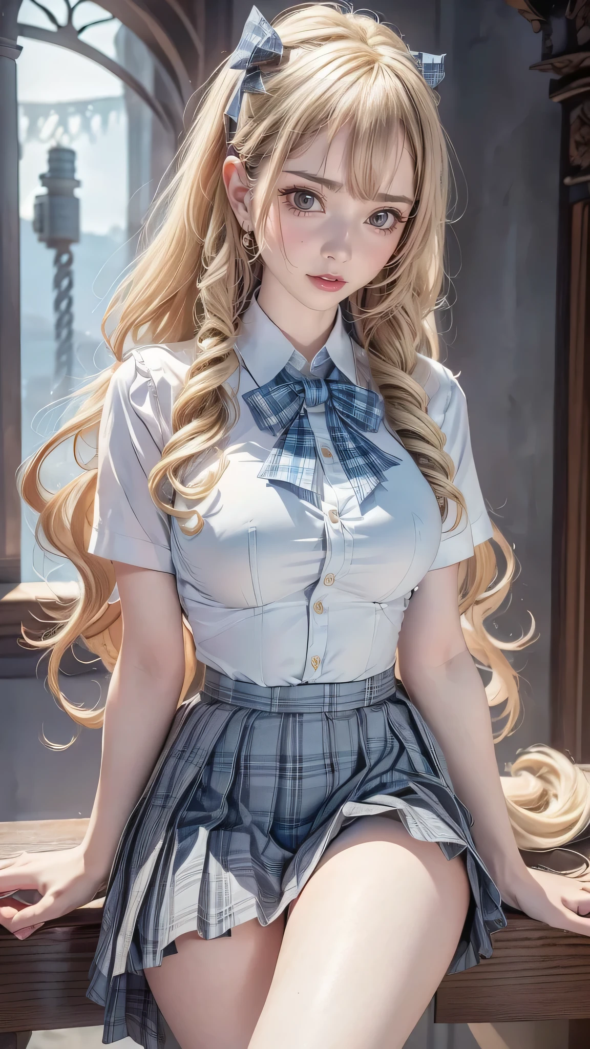 (masterpiece:1.2, highest quality), (realistic, photorealistic:1.4), beautiful illustrations, 
looking at the viewer, whole body, Front view:0.6, 
1 girl, Japanese, high School girl, ((blonde long hair:1.5, Vertical winding drill:1.4)), blown hair, bangs, hair between eyes, ((D cup breasts, Toned buttocks ))
beautiful hair, beautiful face, beautiful and detailed eyes, (Blue eyes:1.3), beautiful clavicle, beautiful body, beautiful breasts, beautiful thighs, beautiful feet, beautiful fingers, 
(beautiful scenery), , School,
((Short sleeve shirt with collar, white shirt, , Grey plaid pleated skirt, Blue plaid bow tie)), white panties, 
(Are standing, , lift the skirt, Grab the hem of the skirt, put your hand on your chest, hand between legs), 
glare at the viewer while blushing:1.3