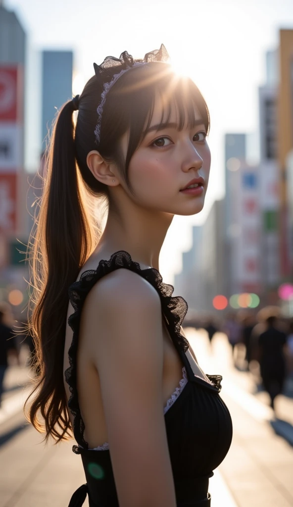 a woman, (realistic), (hyperrealism), (photorealistic), depth of field, eye makeup:0.5, (upper body:1.2), (narrow waist:0.7), looking at the viewer, casual outfit, at the city streets, topless