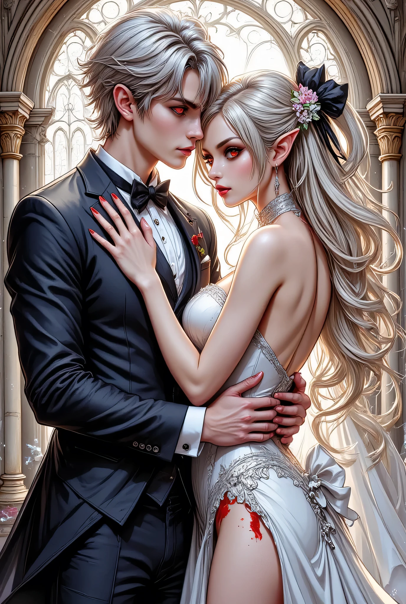 an epic comic art painting, watercolor masterpiece art of a female vampire bride and a groom hugging in church, a female vampire, white leather dress, tight dress, intricate dress, blood stains,   high heels, dynamic color dress, pale skin, best details beautiful face. she smiles an evil grin, red eyes, (glowing eyes: 1.2), ready to bite, dynamic hair color, busty, small cleavage, long  hair,  wavy hair, BREAK, a male groom, nice looking man ,dynamic hair color,  best details beautiful face, hugging in church, dynamic lightning, church background, vibrant, Ultra-high resolution, High Contrast, (masterpiece:1.5), highest quality, Best aesthetics), best details, best quality, highres, ultra wide angle, 16k, [ultra detailed], masterpiece, best quality, (extremely detailed), hyp3rd3tail style, ArsMJStyle, aidmanijiv6