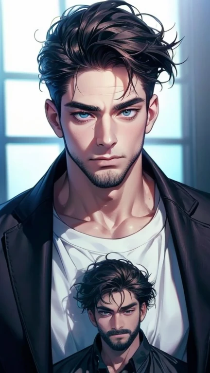 A man with realistic black hair, exactly the same hairstyle, realistic gray eyes,Realistic Korean handsome face, realistic v chin, realistic cool expression, realistic sharp eyes, realistic black t-shirt, realistic light, realistic shadow, realistic background,Realistic indoors