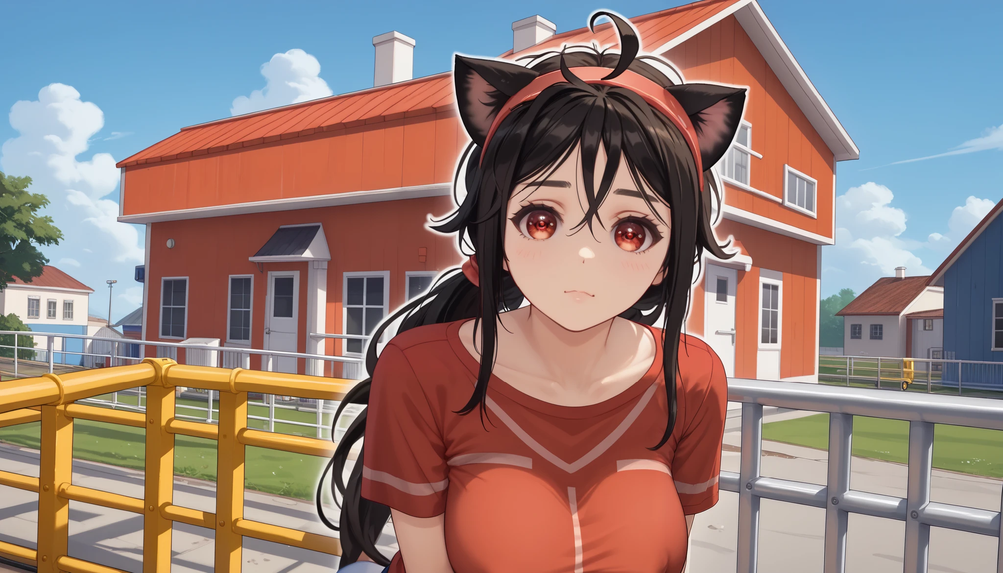 meter , long hair, periphery, , ((cat girl, cat ears)), (red eyes), ( long hair ), (( black hair, (Ahoge),, multicolored , Unscrewed , headband , choke,Break shirt, shirtless , sujetador unido a un abrigo de encaje , ,Break looking at viewer,Break (Masutepiece:1.2), the best quality, High resolution , unity 8k wallpaper, ( illustration :0.8), ( beautiful and detailed eyes:1.6), extra detailed face , perfect lighting , extremely CG details , ( perfect hands , Perfect Anatomy ), 、 big, full breasts 、 with a worried face 、cowboy shot、 muslos muslos muslos muslos 、, disheveled hair , messy hair, ((With a low angle perspective, see the girl from bottom to top, she is on top of a construction platform with a white railing, while she looks at us from above, you can see her legs, blue sky with texture,))