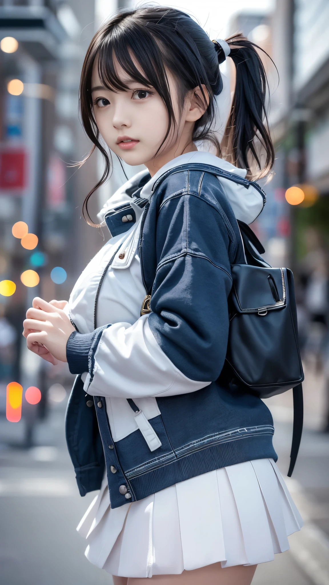 (( Masterpiece, top quality, Hi-Res)), Japanese high school girl 、( by Nomi: 1.4), excited、great face, sharp mouth、With a pout、Glossy wet lips、, Ponytail、( beautiful hair:1.5), white down jacket、 very short miniskirt、 beautiful body、 Beautiful Thighs、 beautiful legs、 bustling downtown 、 Frontal Angle、 smooth, high definition CG synthesis 8K wallpaper, Hi-ResのRAWカラー写真, professional photo shoot, light, Backlight, Impressive, depth of written boundary , ( Face Up :1.5)