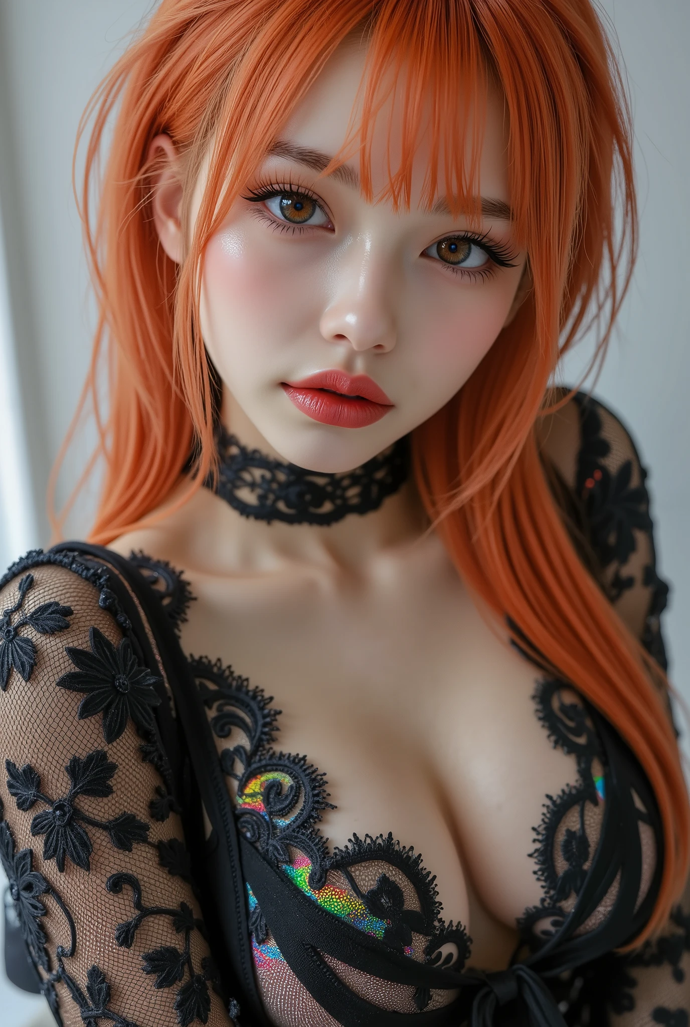 anime girl orange hair light freckles Piercings long lashes short Black top little Black shorts Green eyes beautiful long lashes covered with tattoos curved big boob